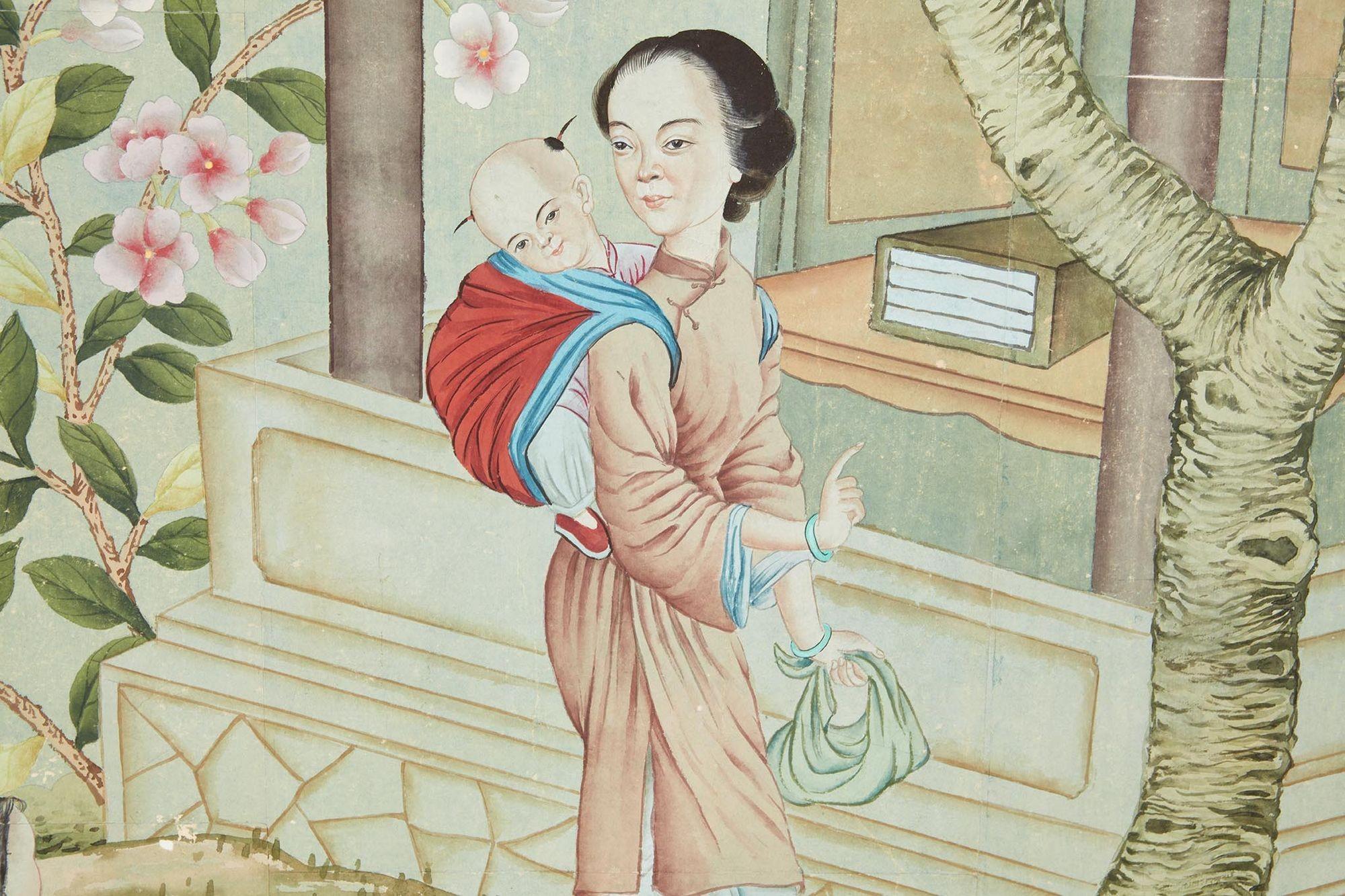 18th Century and Earlier A Pair of Late 18th c. Chinoiserie Framed Wallpaper Panels For Sale