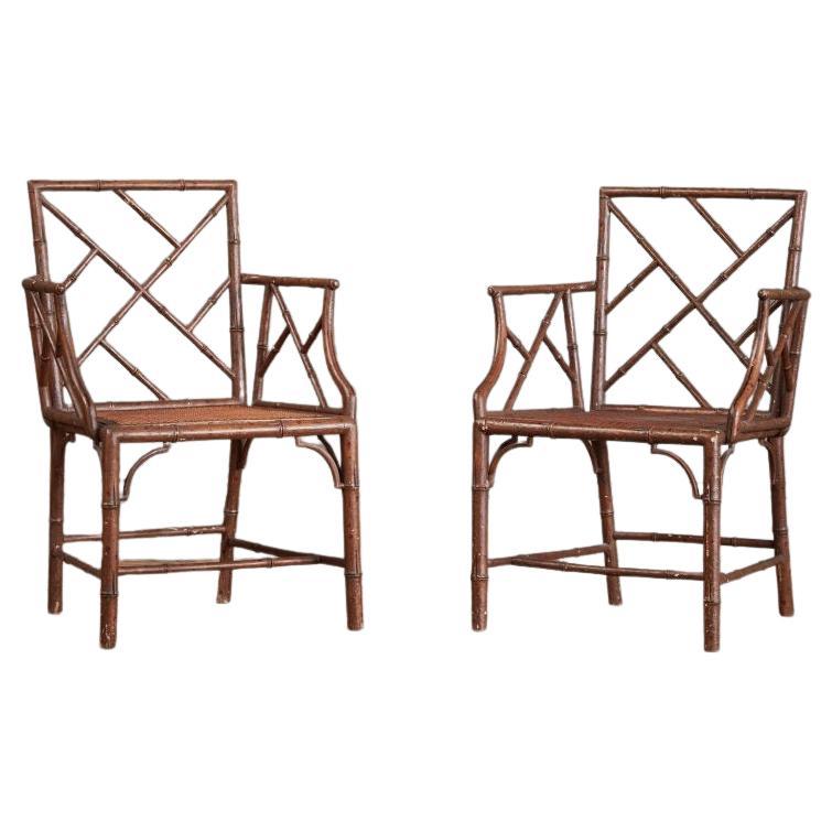 A Pair of Late 18th Century Faux Bamboo Armchairs, with Caned Drop in Seats