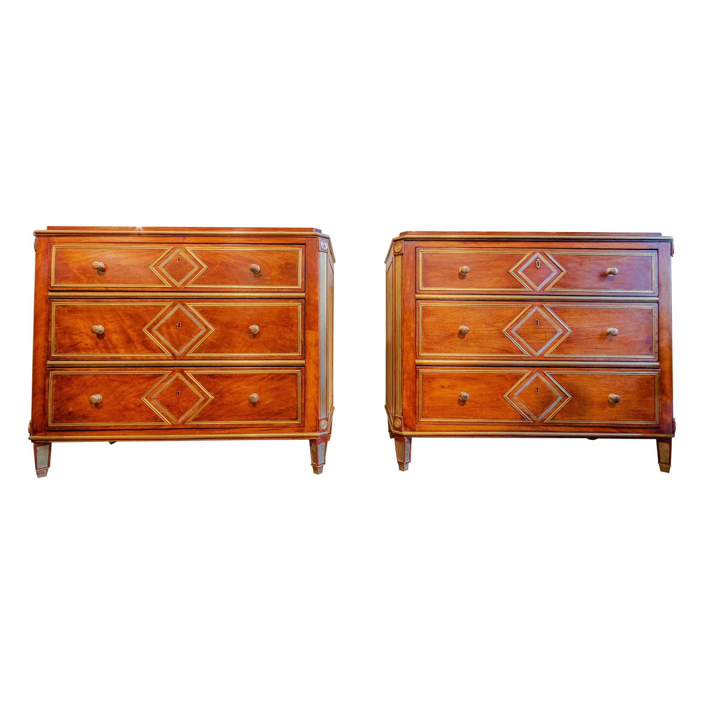 Pair of Late 19th C to Early 20th Century Russian Mahogany and Brass Commodes
