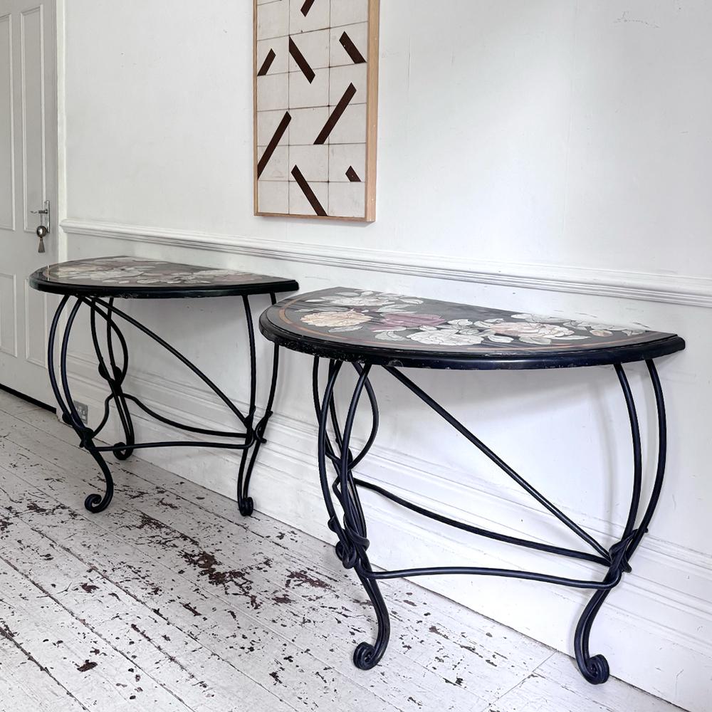 Iron A Pair of Late 19th Century Ashford Marble Pietra Dura Console Tables For Sale