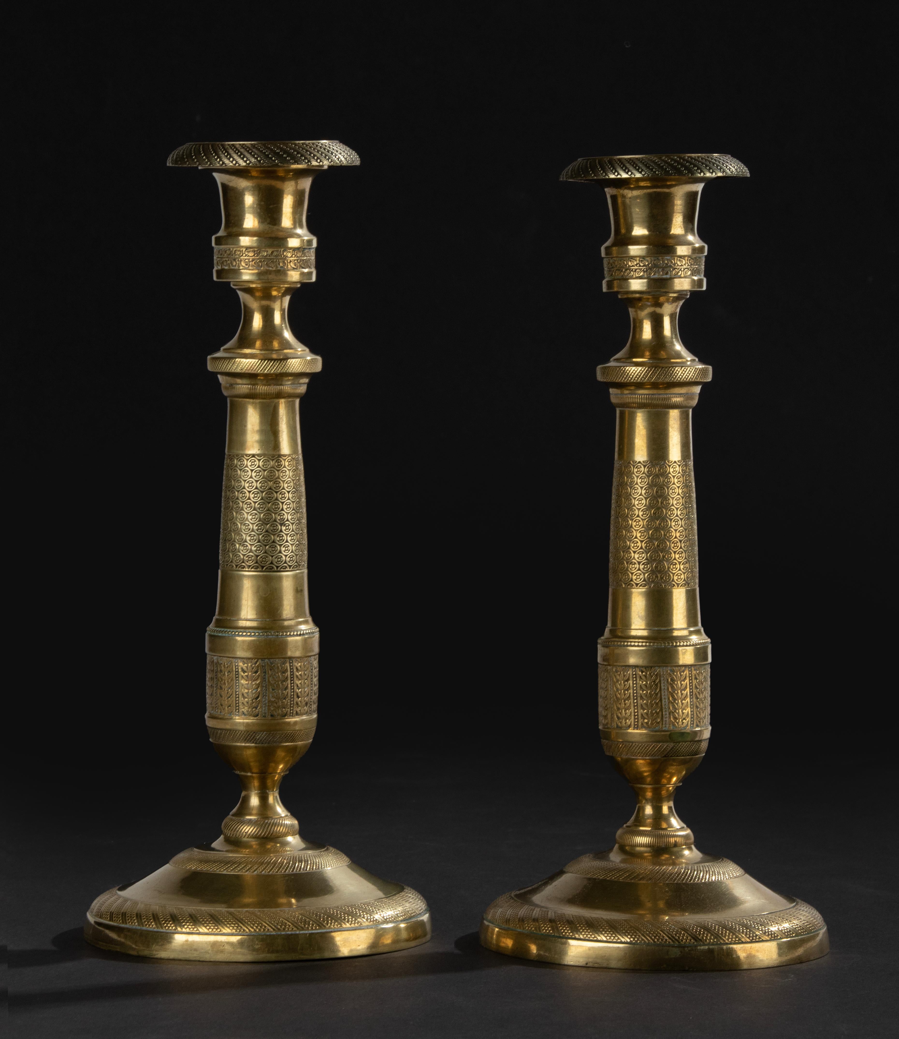 French A Pair of Late 19th Century Brass Louis XVI Style Candlesticks For Sale