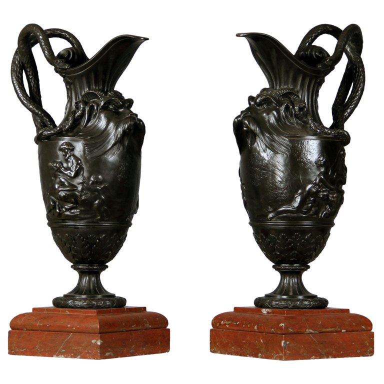 Pair of Late 19th Century Bronze and Griotte Uni Marble Ewers After Clodion For Sale