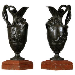 Pair of Late 19th Century Bronze and Griotte Uni Marble Ewers After Clodion