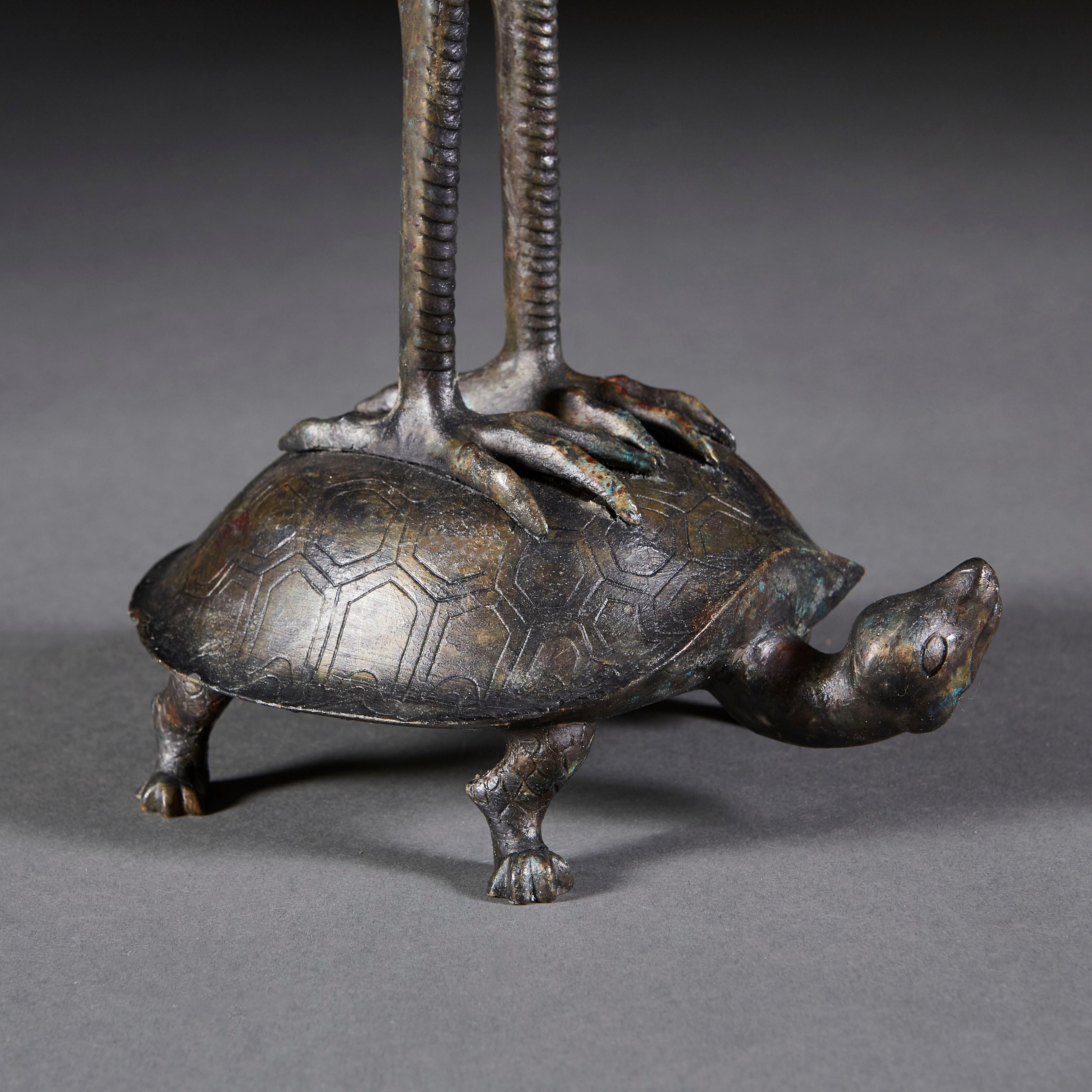 Pair of Late 19th Century Chinese Bronze Lamps with Tortoise Bases 1