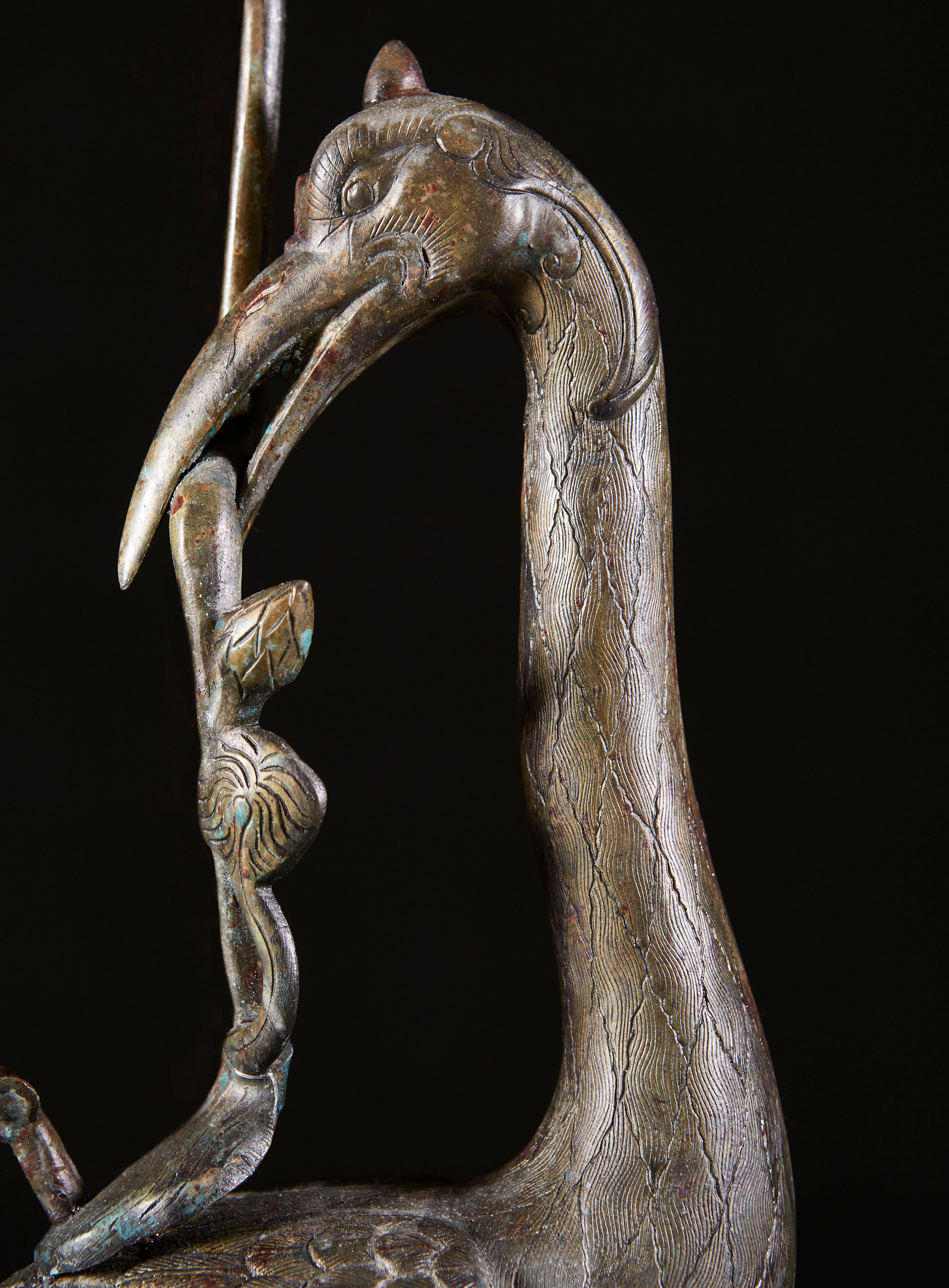 Pair of Late 19th Century Chinese Bronze Lamps with Tortoise Bases 2