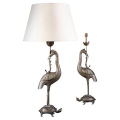 Pair of Late 19th Century Chinese Bronze Lamps with Tortoise Bases