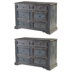 Pair of Late 19th Century French Blue Painted Commodes with 3 Drawers