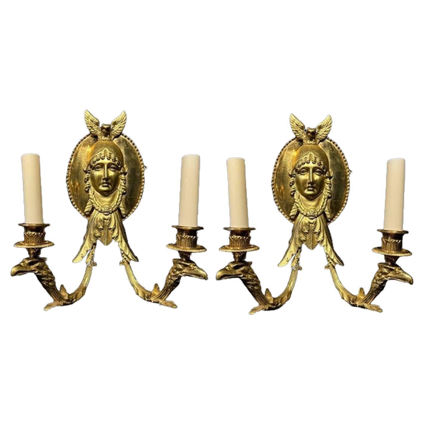 Pair of Late 19th Century French Empire Bronze Sconces For Sale