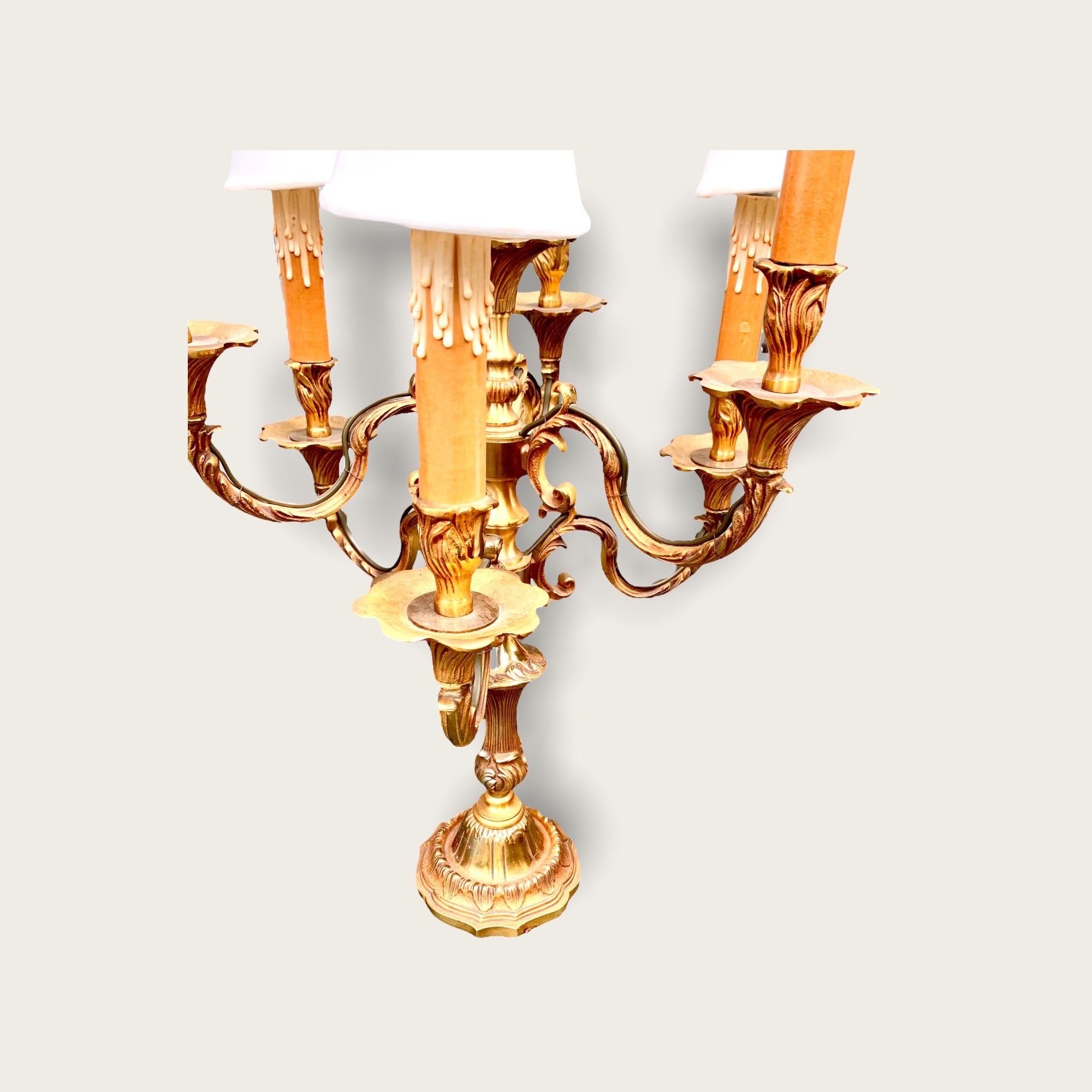 Hand-Crafted Pair of Late 19th Century French Gilt Bronze Seven Light Candelabra For Sale