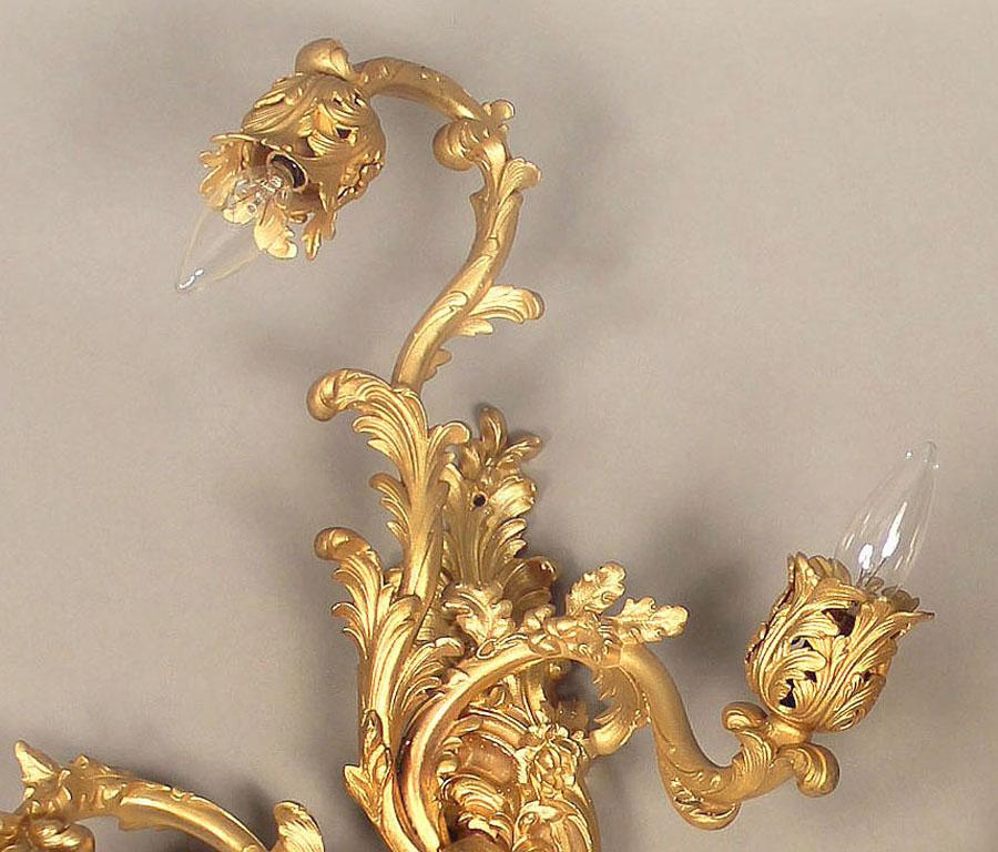 French Pair of Late 19th Century Gilt Bronze Three-Light Sconces