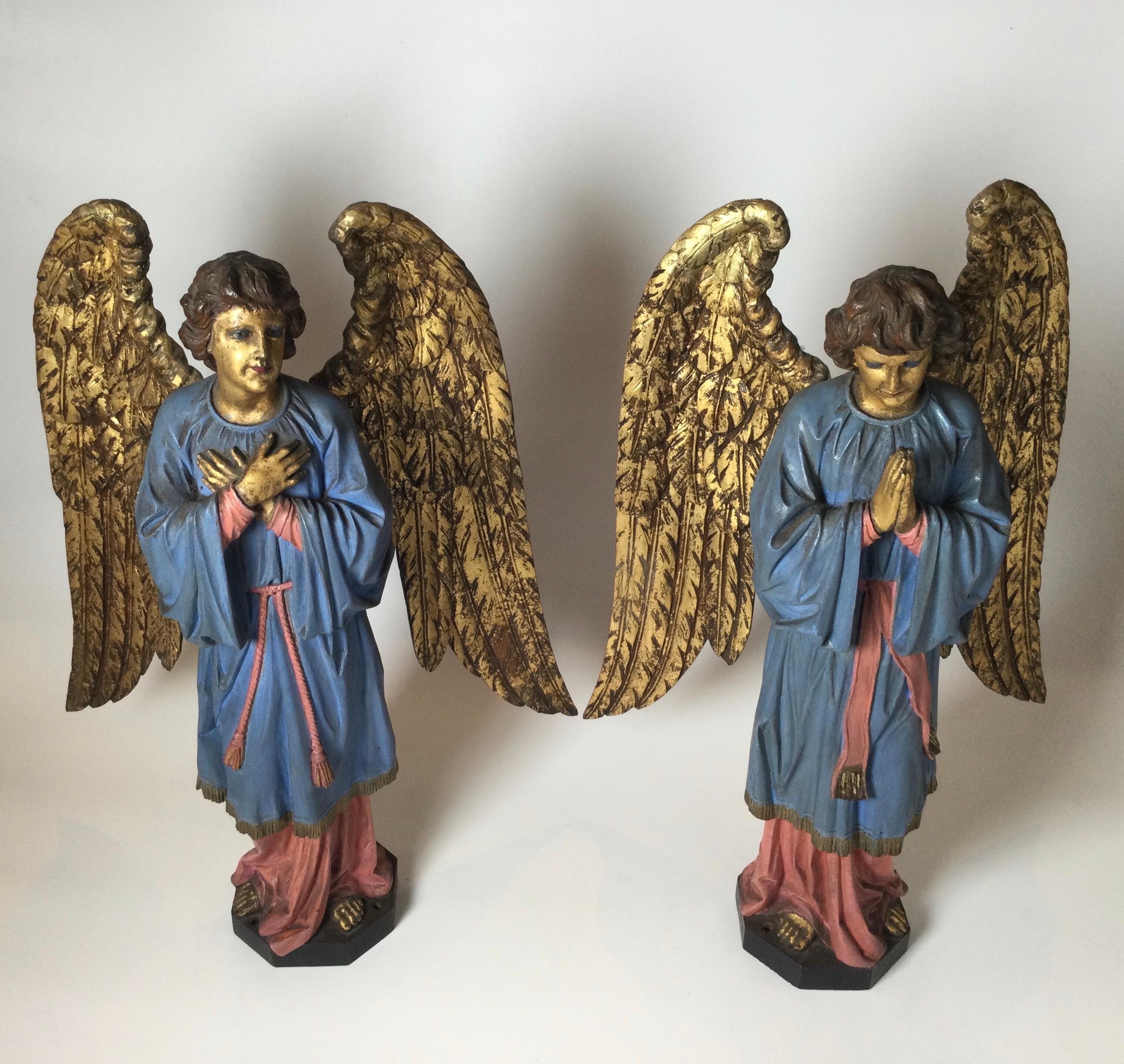 European Pair of Late 19th Century Hand Carved Altar Angels 