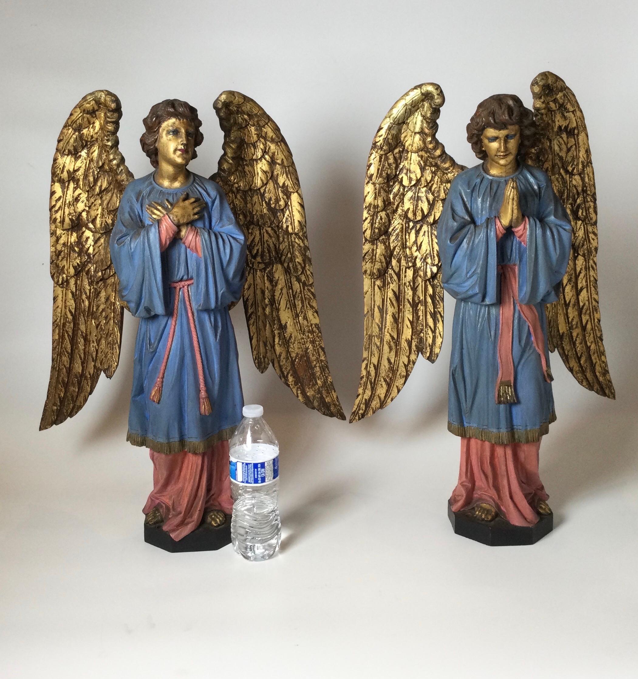 Hand-Carved Pair of Late 19th Century Hand Carved Altar Angels 