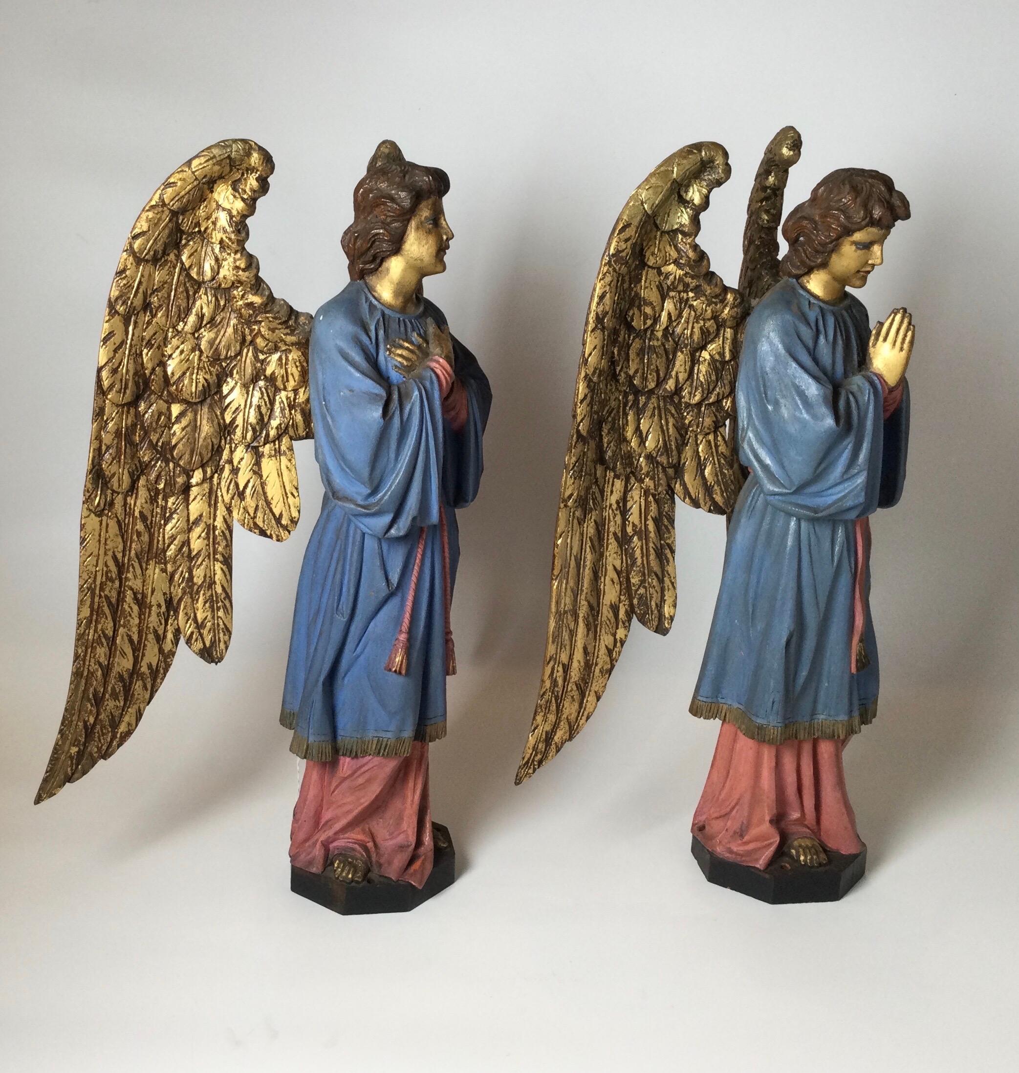 Pair of Late 19th Century Hand Carved Altar Angels  In Good Condition In Lambertville, NJ