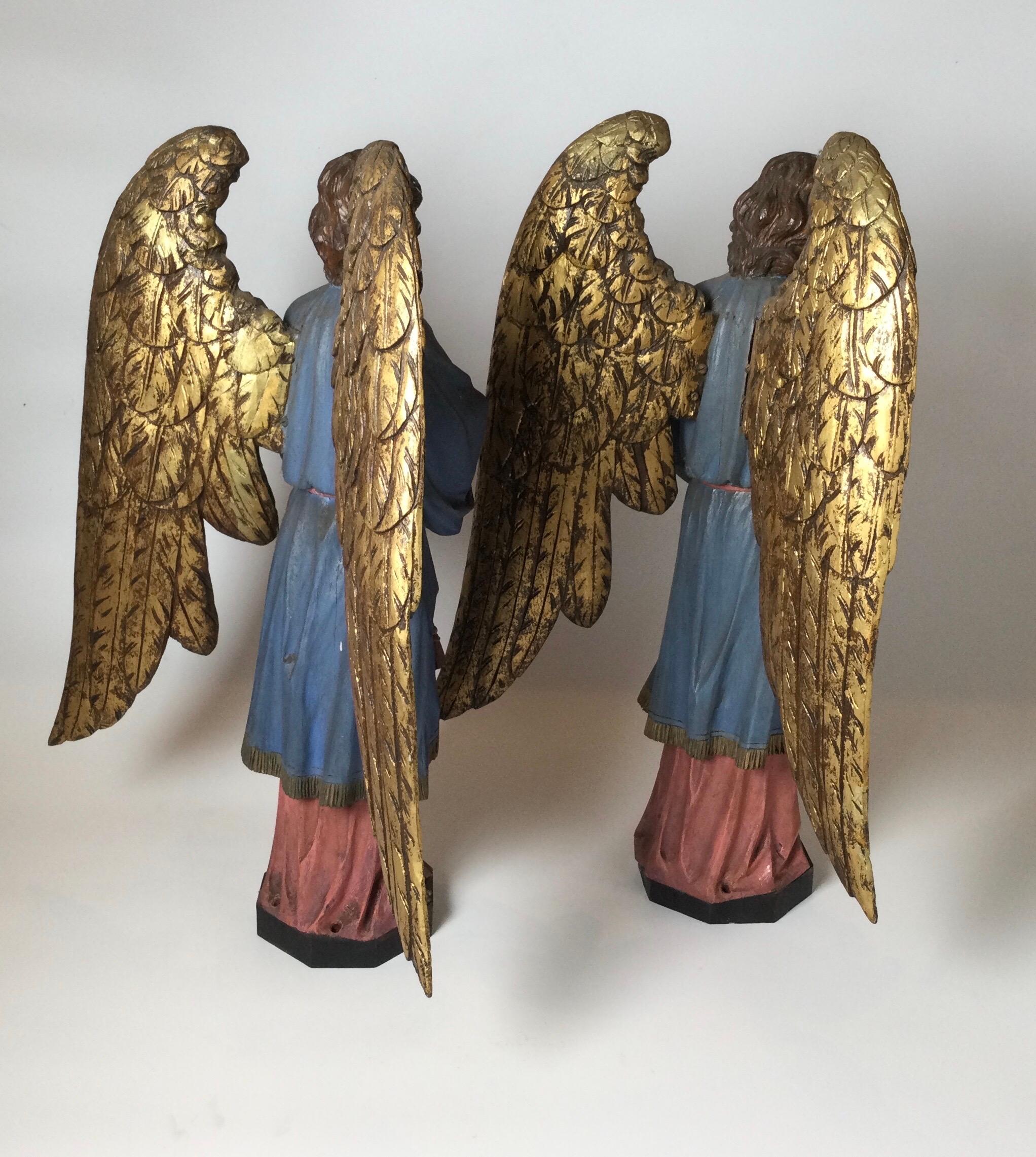 Hardwood Pair of Late 19th Century Hand Carved Altar Angels 