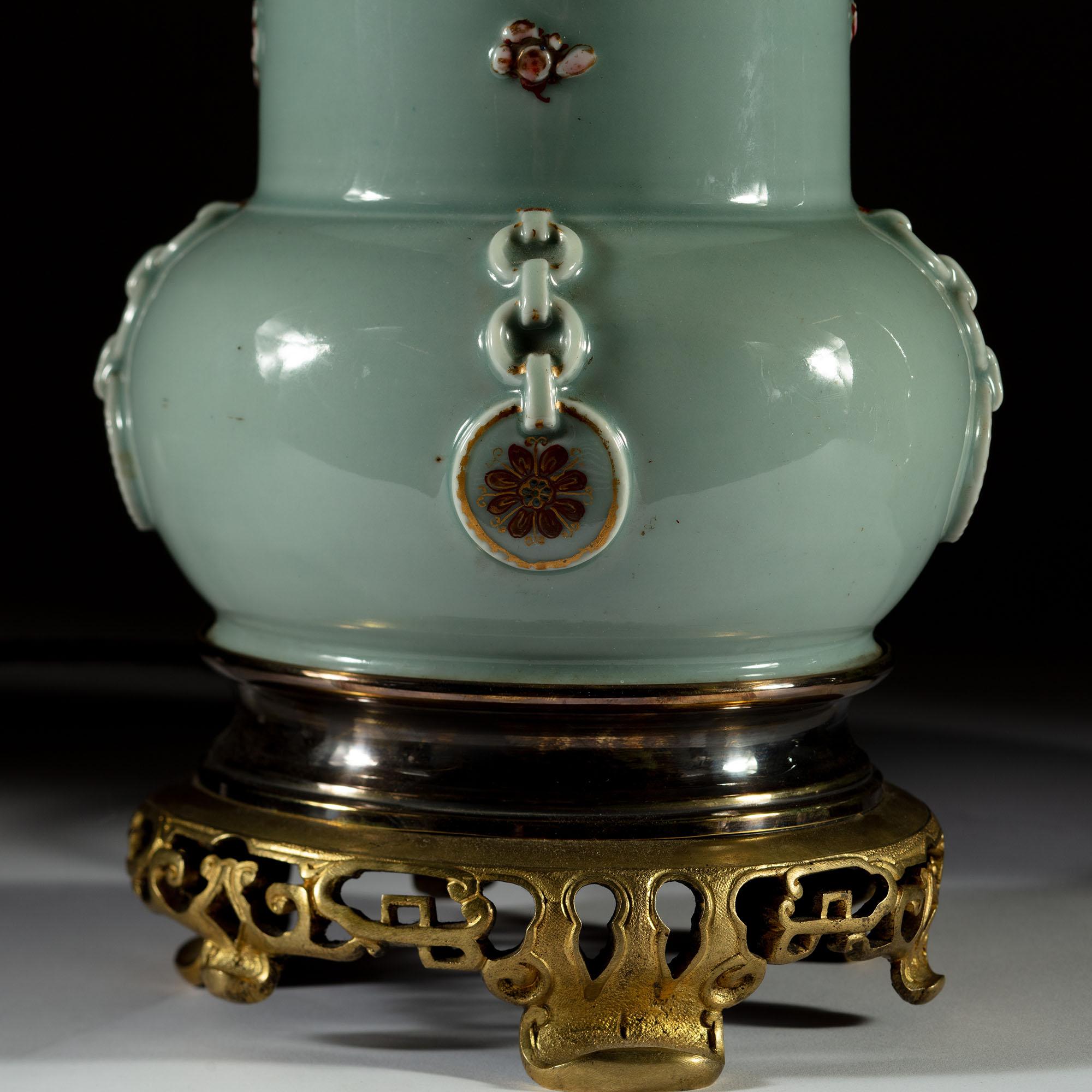 Brass Pair of Late 19th Century Japanese Celadon Vases as Table Lamps with Mounts