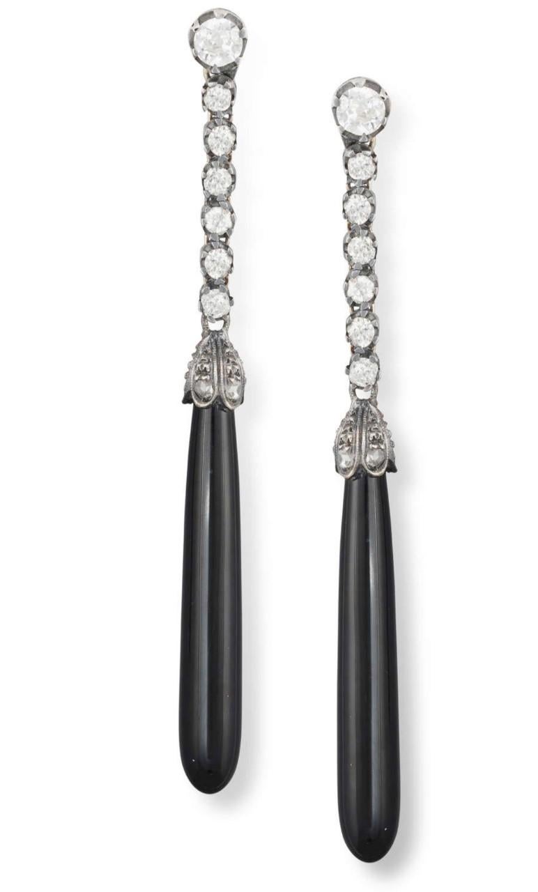 Women's 19th century onyx and diamond pendant earrings For Sale