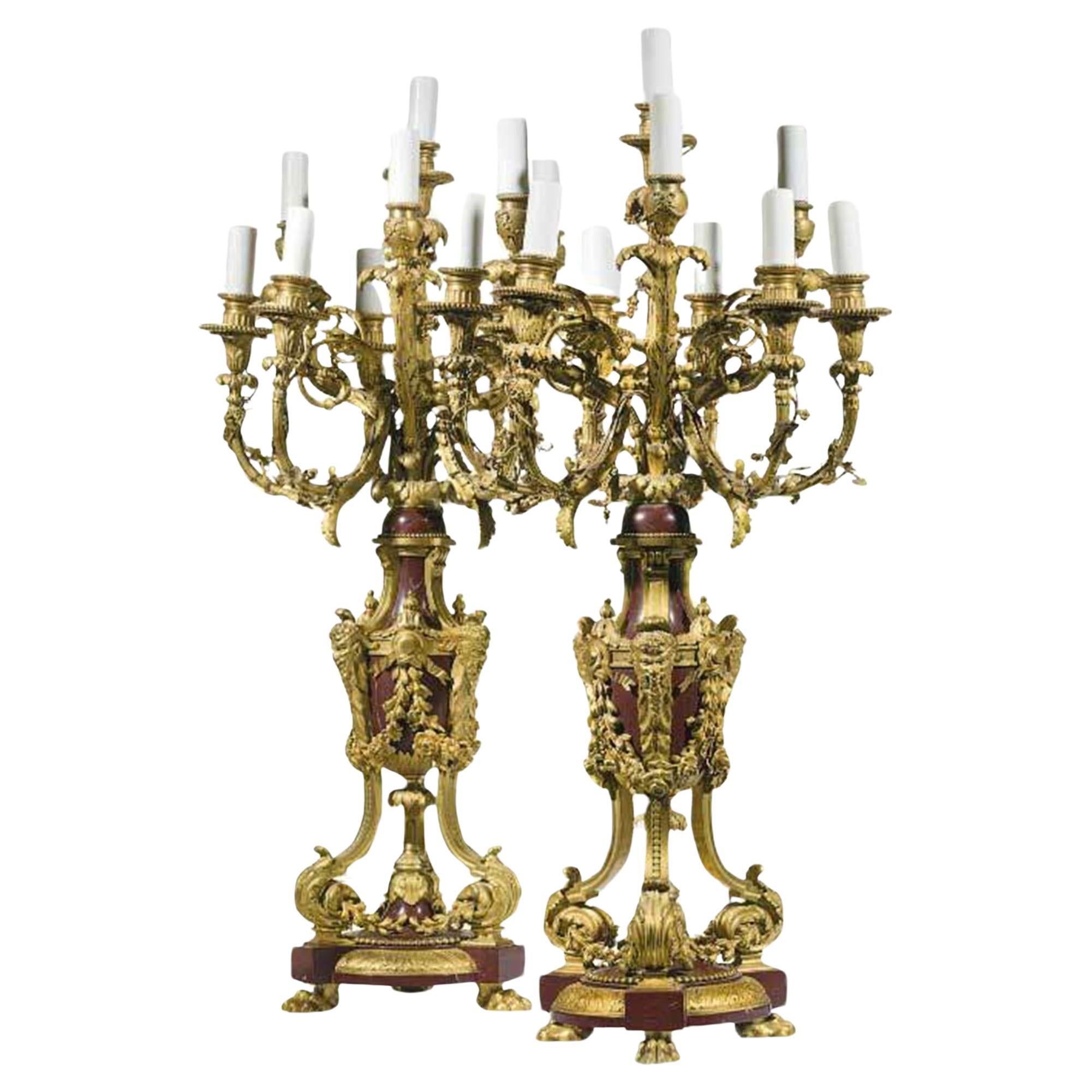 A Pair of Late 19th Century Ormolu and Rouge Marble Ten-Light Candelabras For Sale