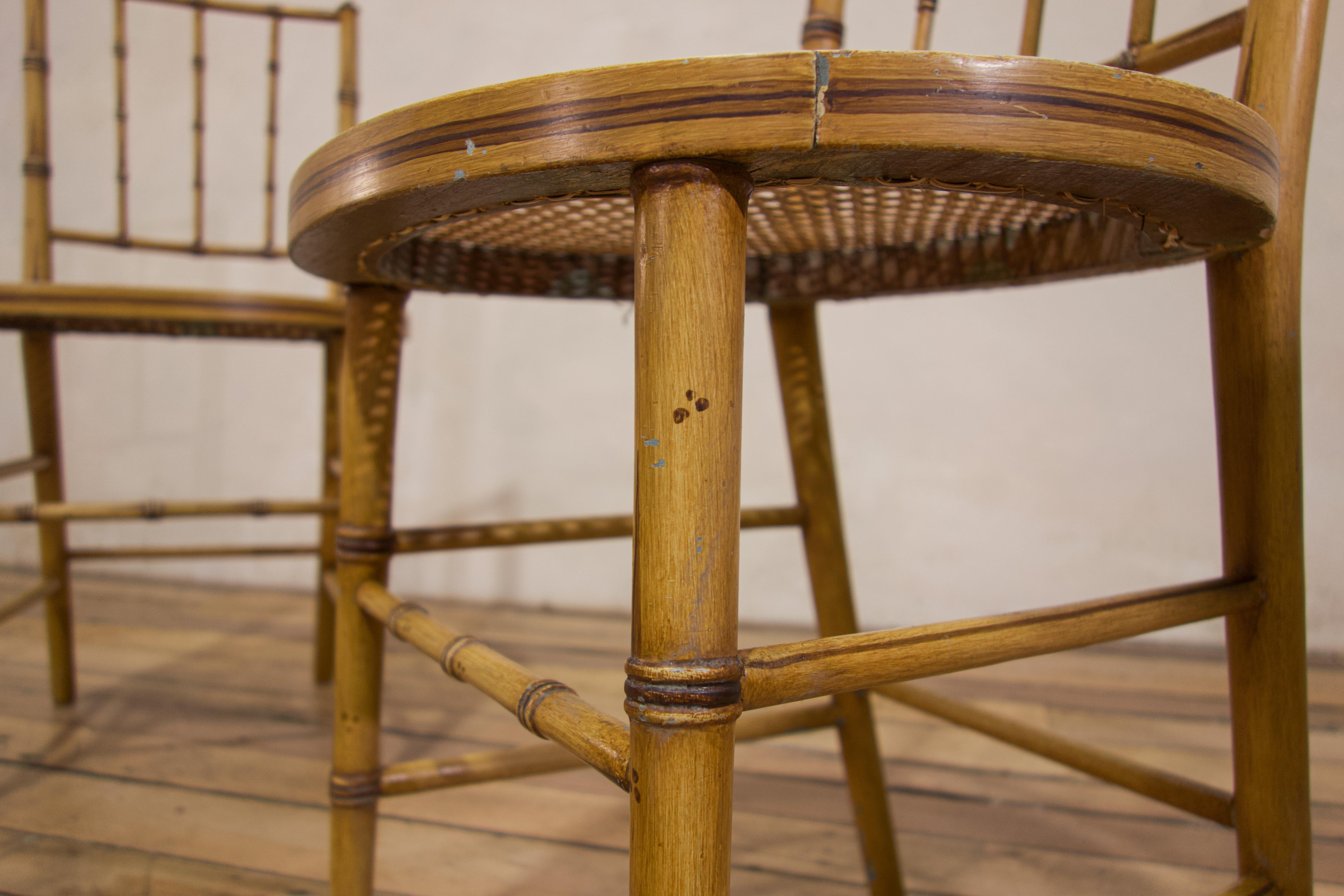 European Pair of Late 19th Century Painted Faux Bamboo Side Chairs