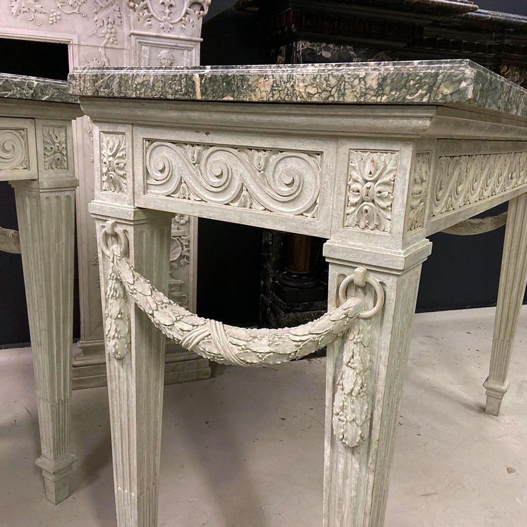 European A pair of late 19th Century wooden Console Tables with Cipillino Marble tops For Sale