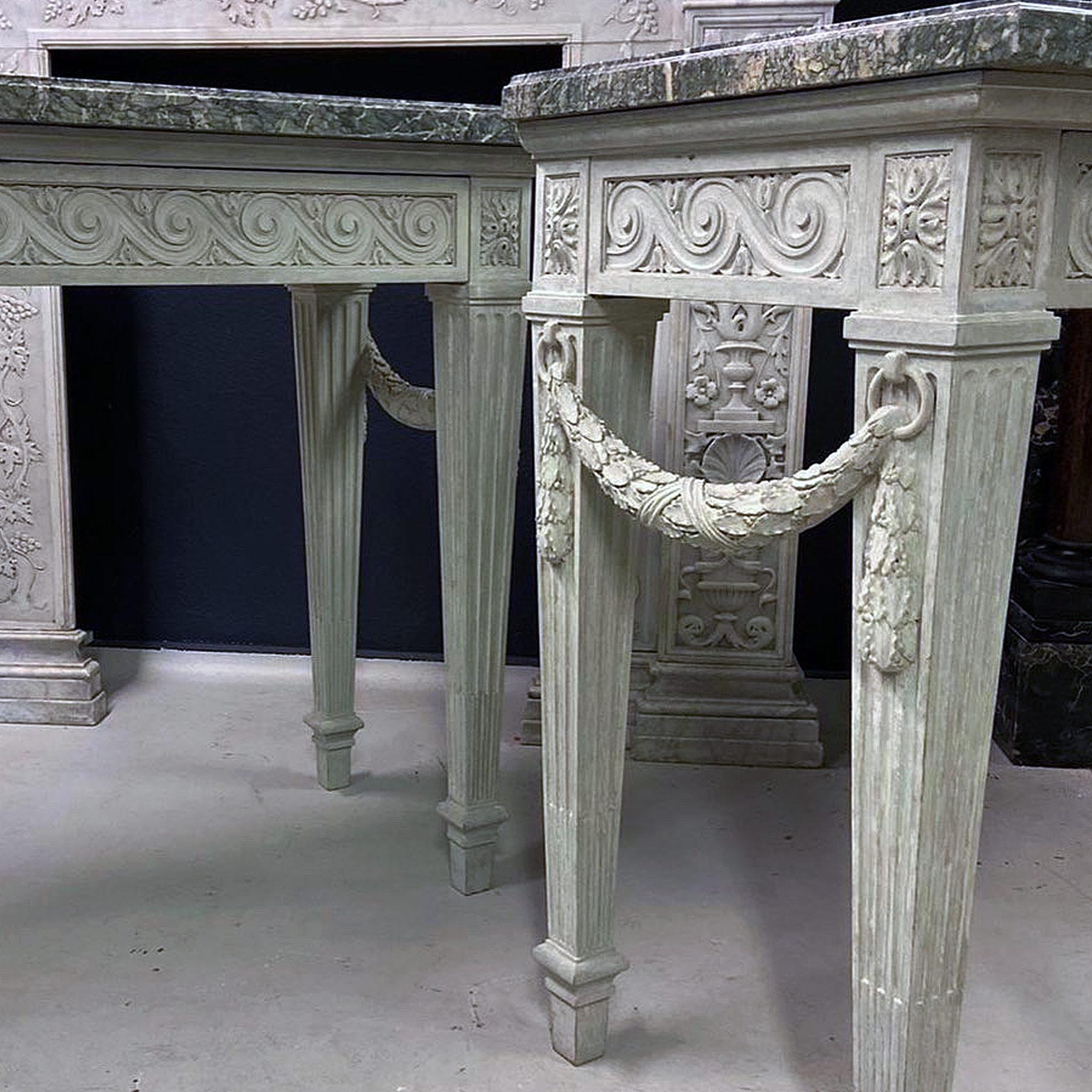 Painted A pair of late 19th Century wooden Console Tables with Cipillino Marble tops For Sale