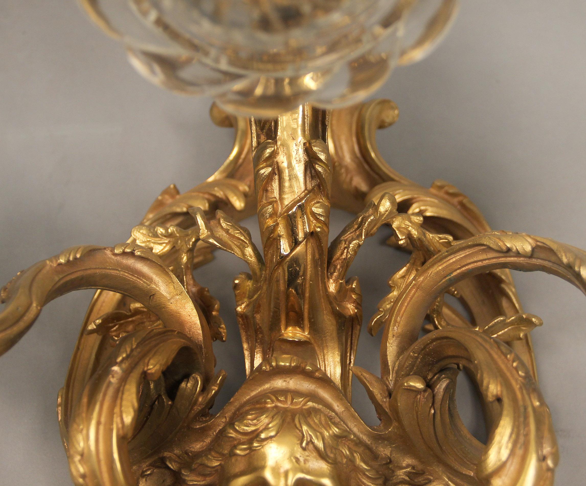 French Pair of Late 19th-Early 20th Century Gilt Bronze Five-Light Sconces