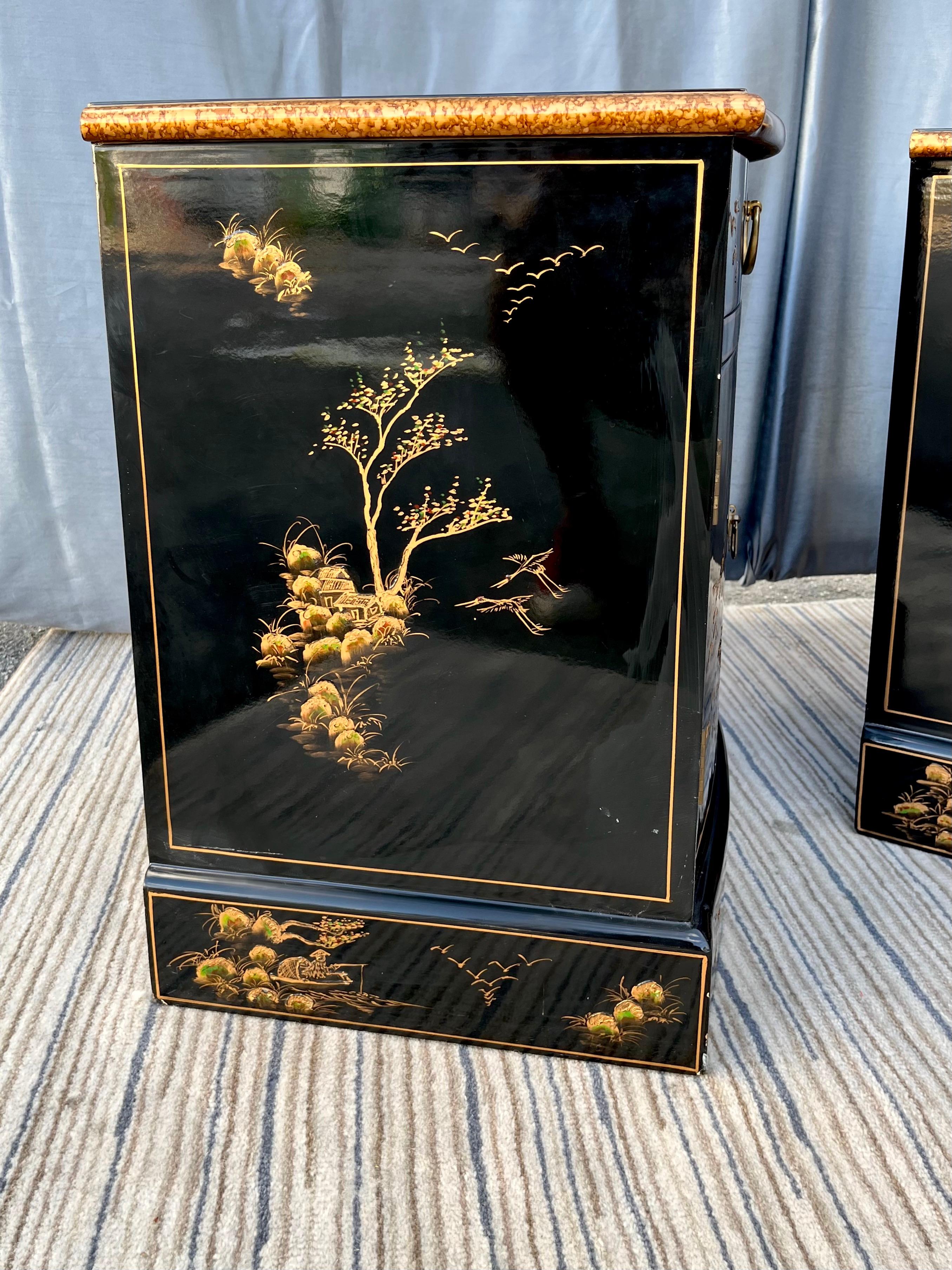 Pair of Late 20th Century Black Lacquered Chinoiserie Nightstands 6