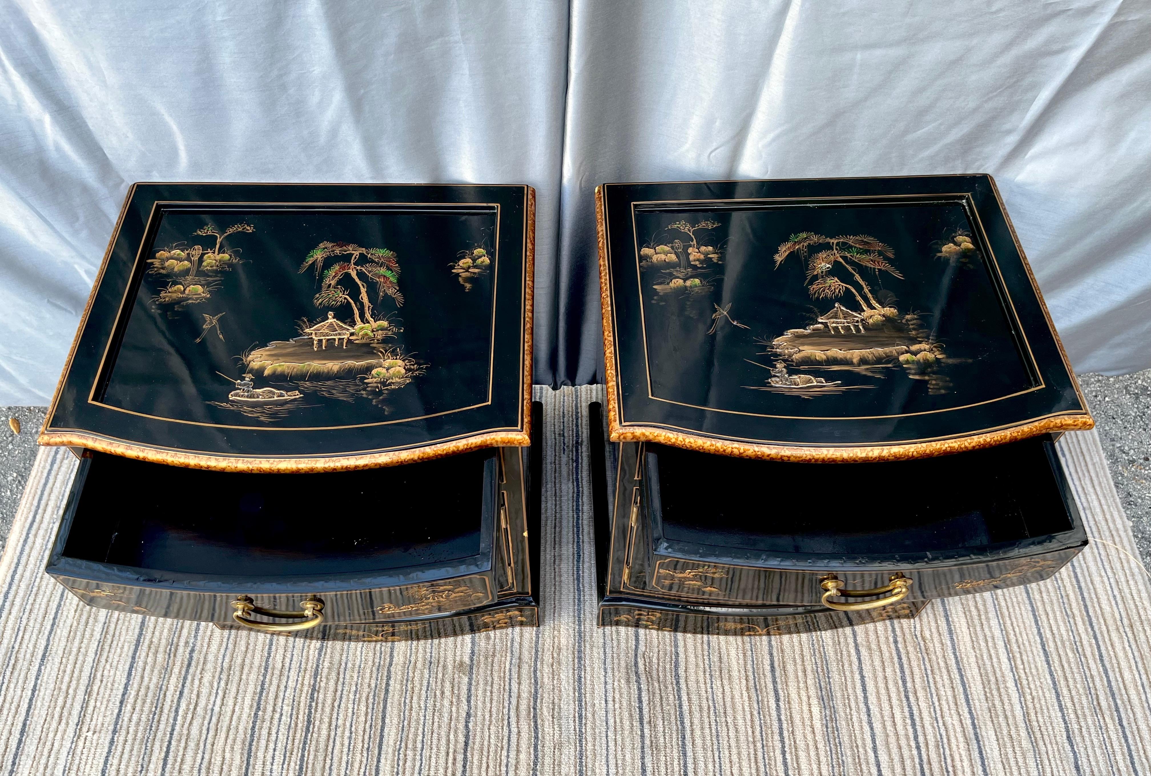 Wood Pair of Late 20th Century Black Lacquered Chinoiserie Nightstands