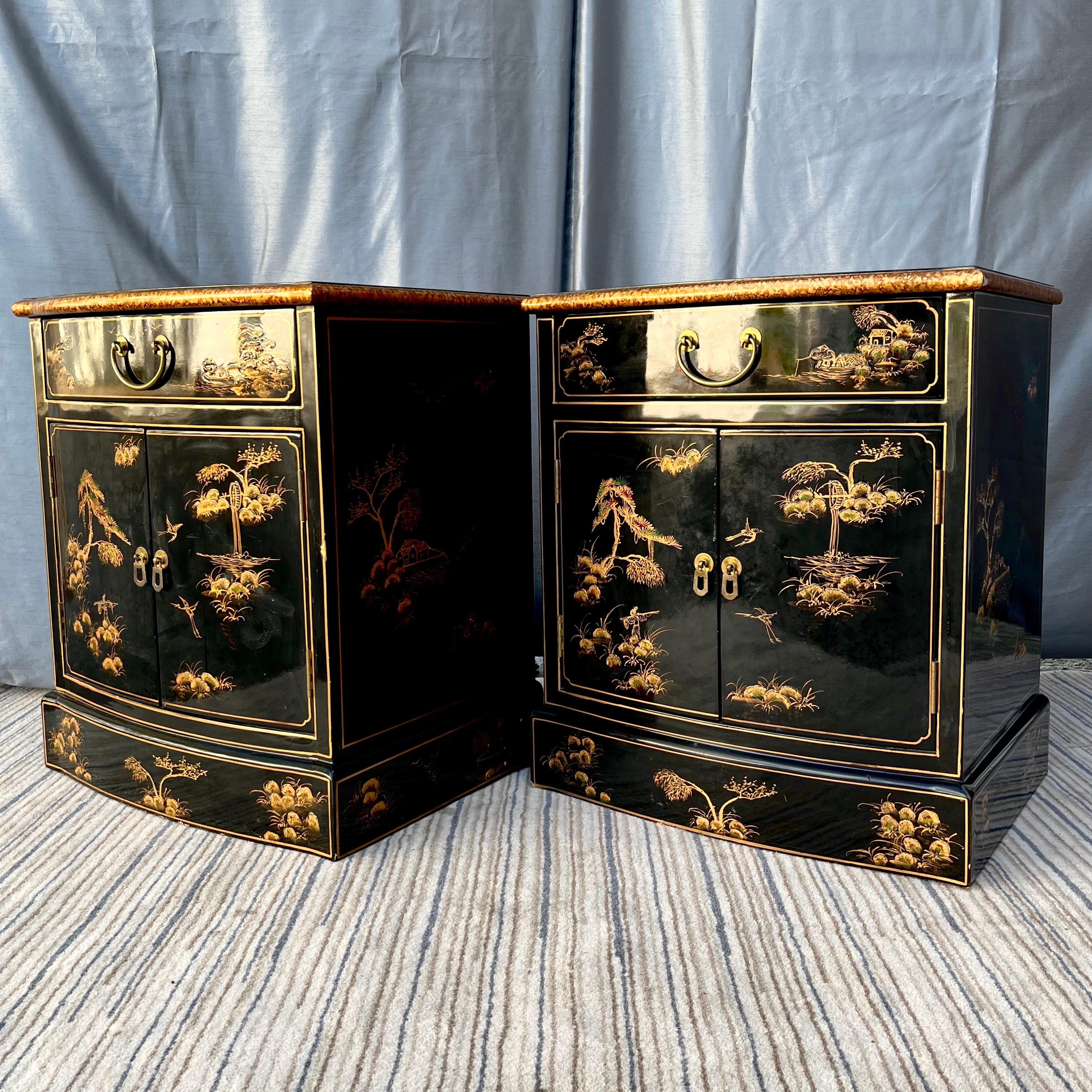 Pair of Late 20th Century Black Lacquered Chinoiserie Nightstands 1