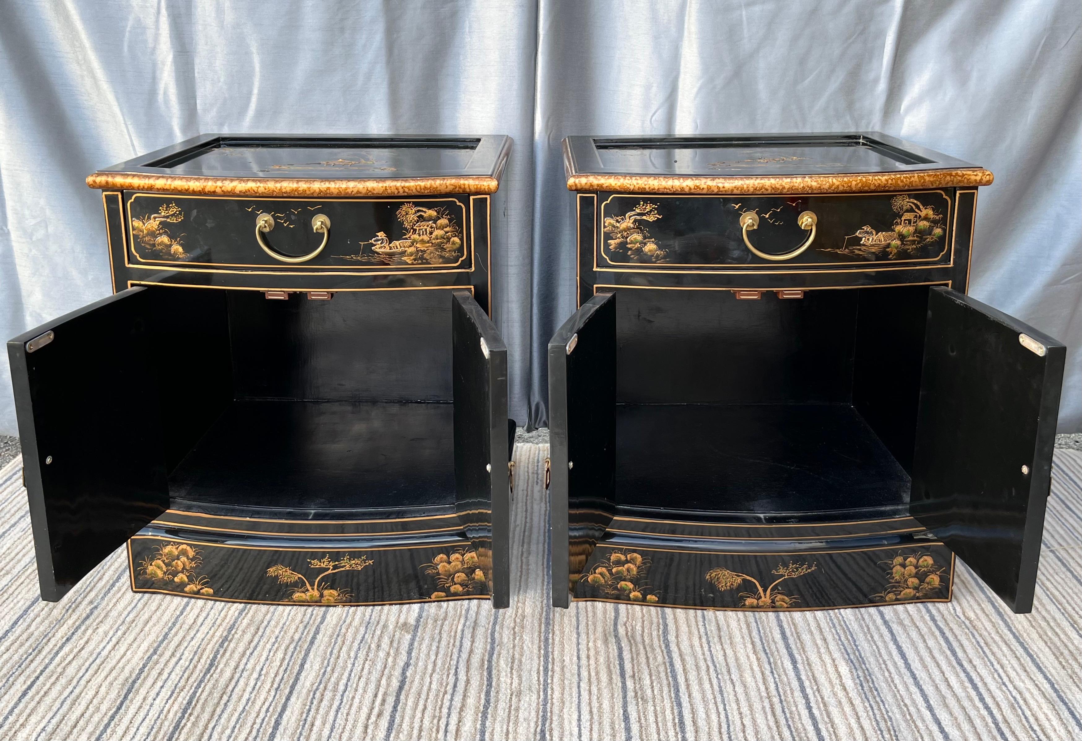 Pair of Late 20th Century Black Lacquered Chinoiserie Nightstands 2