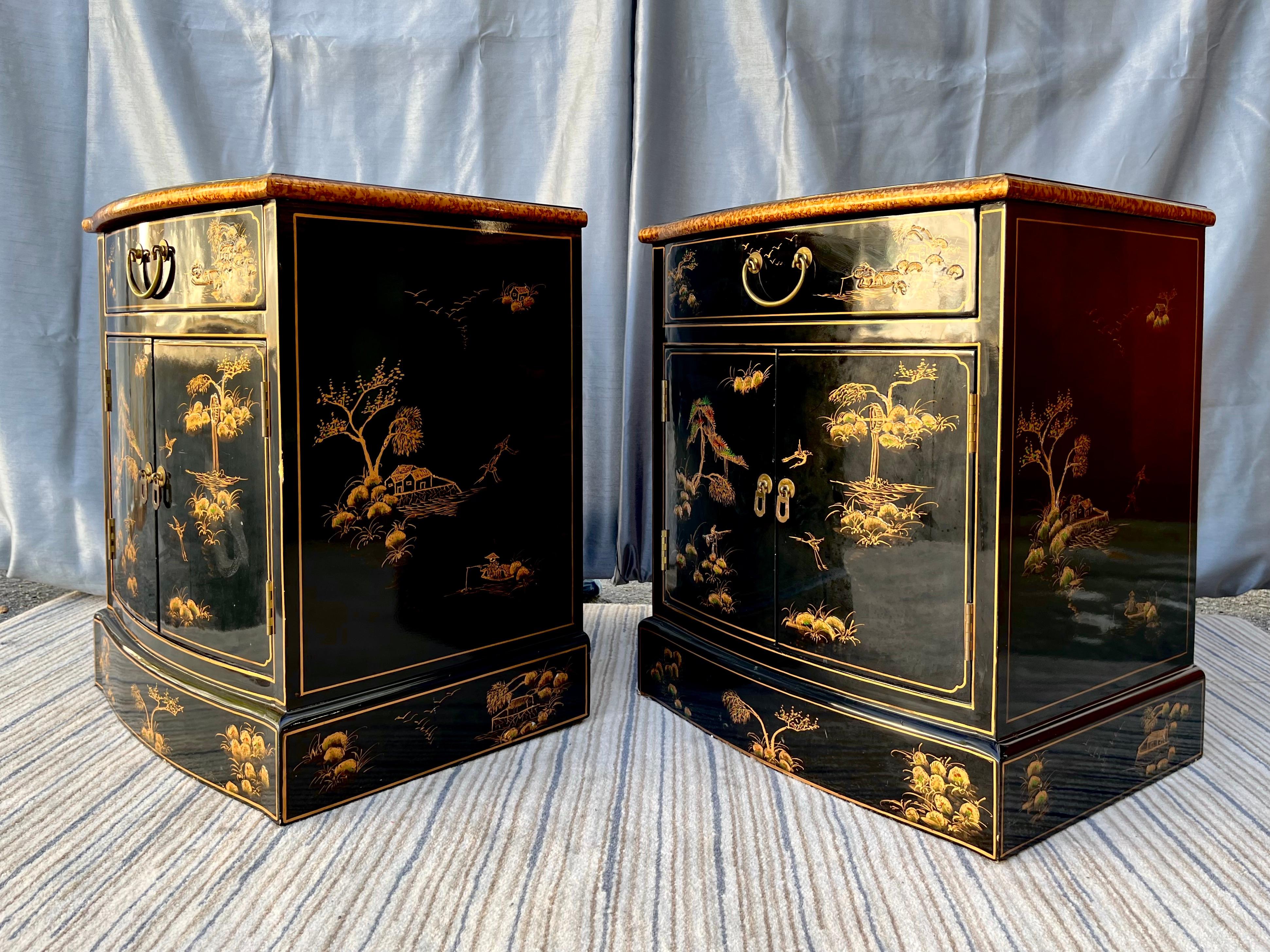 Pair of Late 20th Century Black Lacquered Chinoiserie Nightstands 3