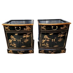 Pair of Late 20th Century Black Lacquered Chinoiserie Nightstands