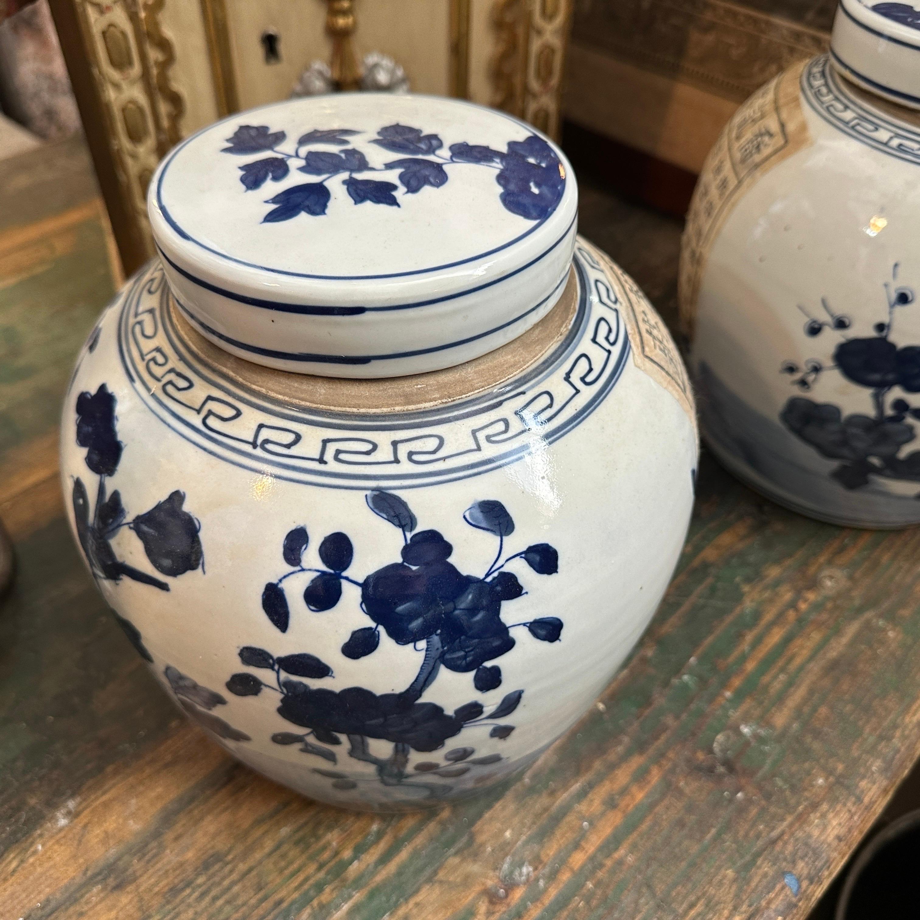 Coppia di barattoli di zenzero cinesi in ceramica bianca e blu della fine del XX secolo In condizioni buone in vendita a Catania, Sicilia