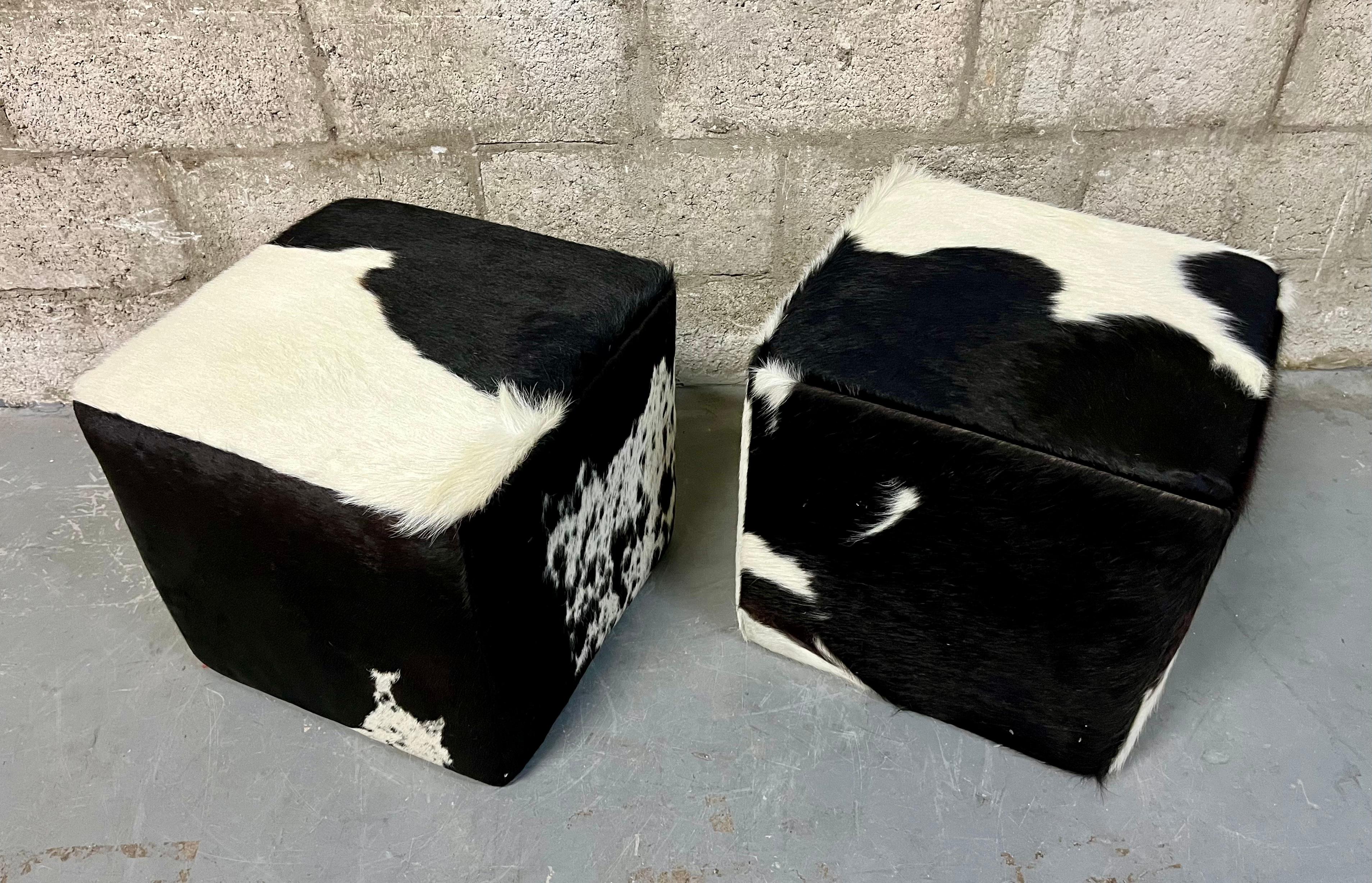 Rustic A Pair of Late 20th Century Cow Hide Ottomans/ Footstools. For Sale