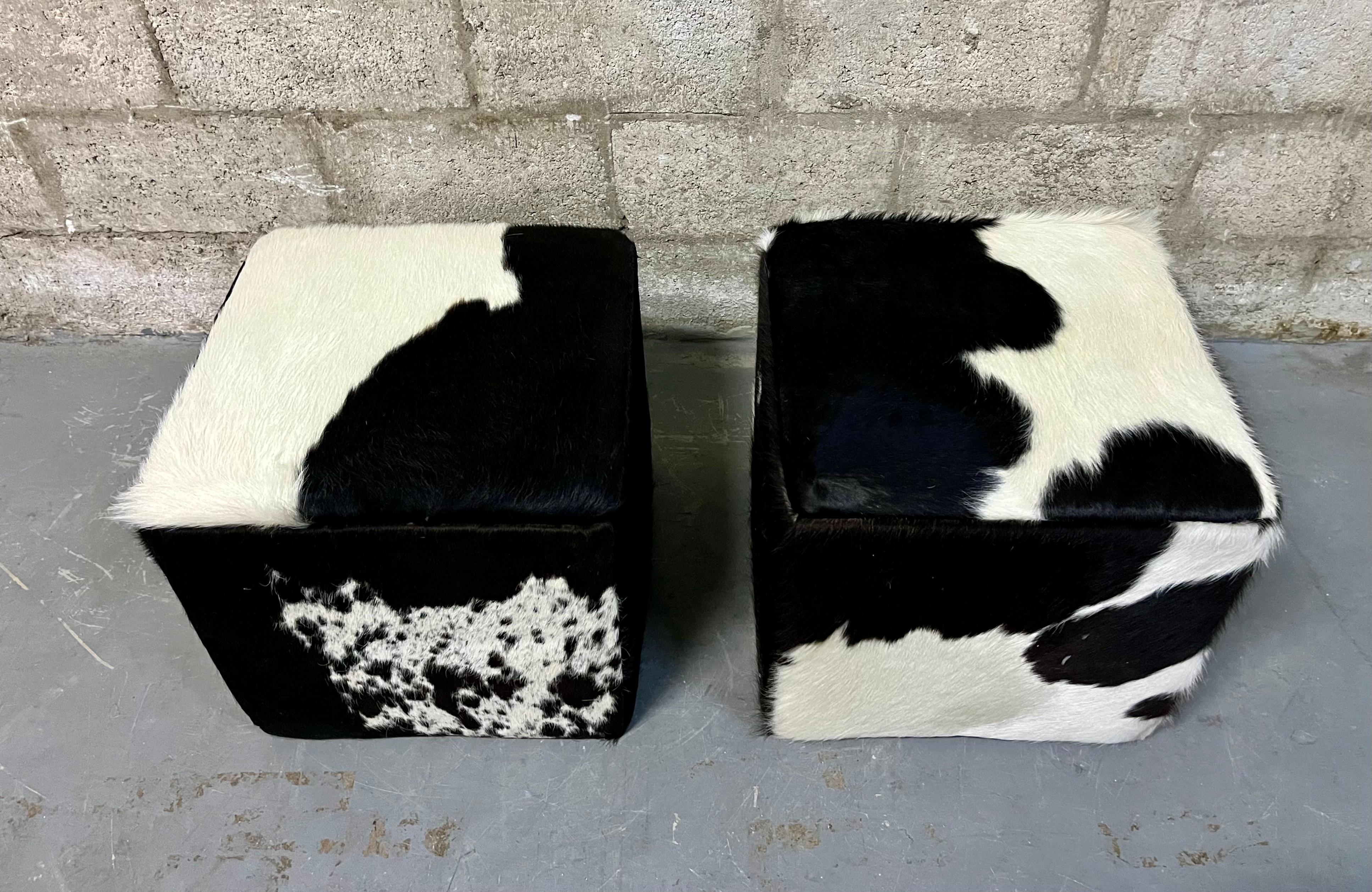 A Pair of Late 20th Century Cow Hide Ottomans/ Footstools. In Good Condition For Sale In Miami, FL