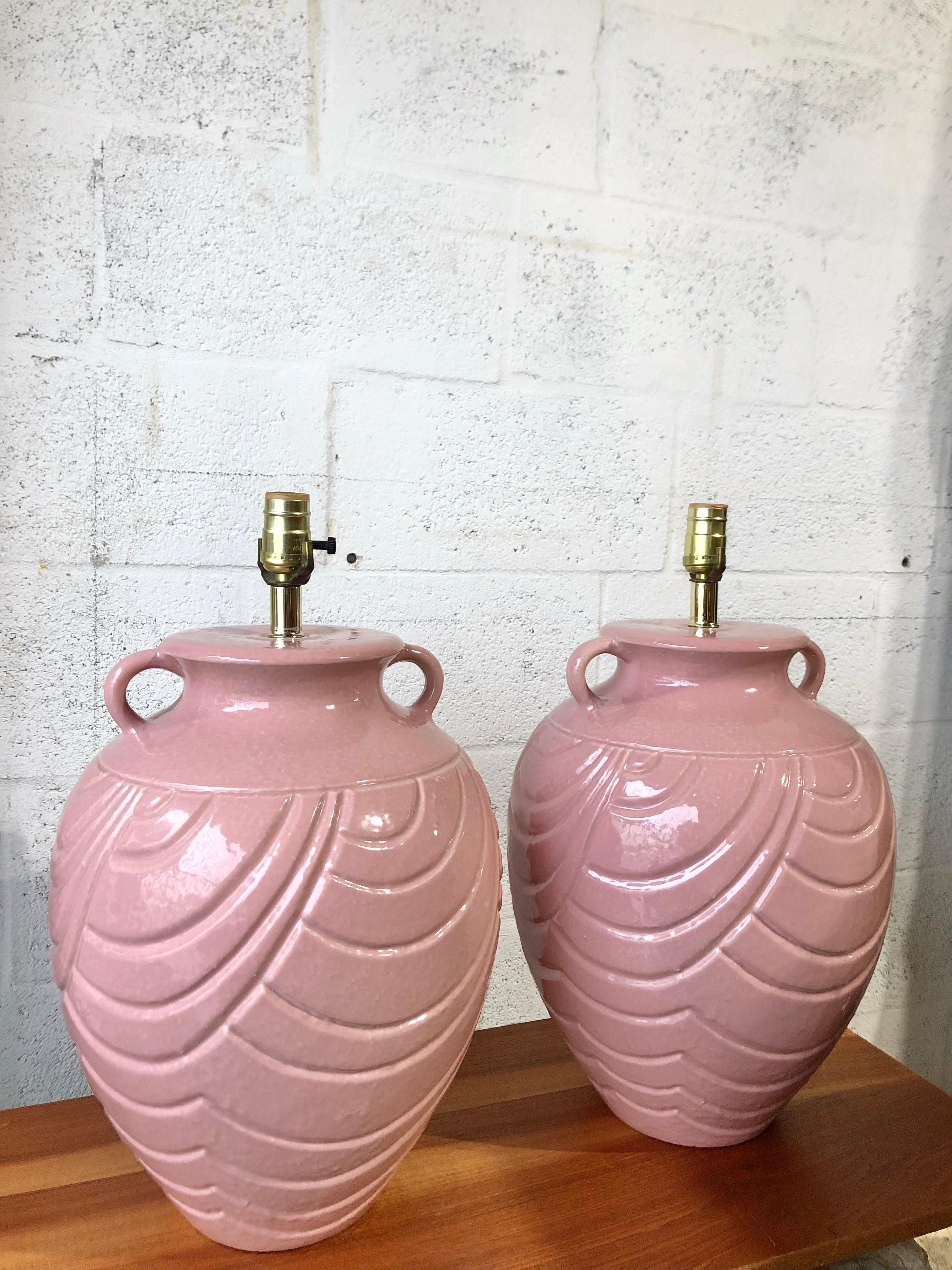 Post-Modern Pair of Late 20th Century Two Handles Jar Ceramic Table Lamps For Sale