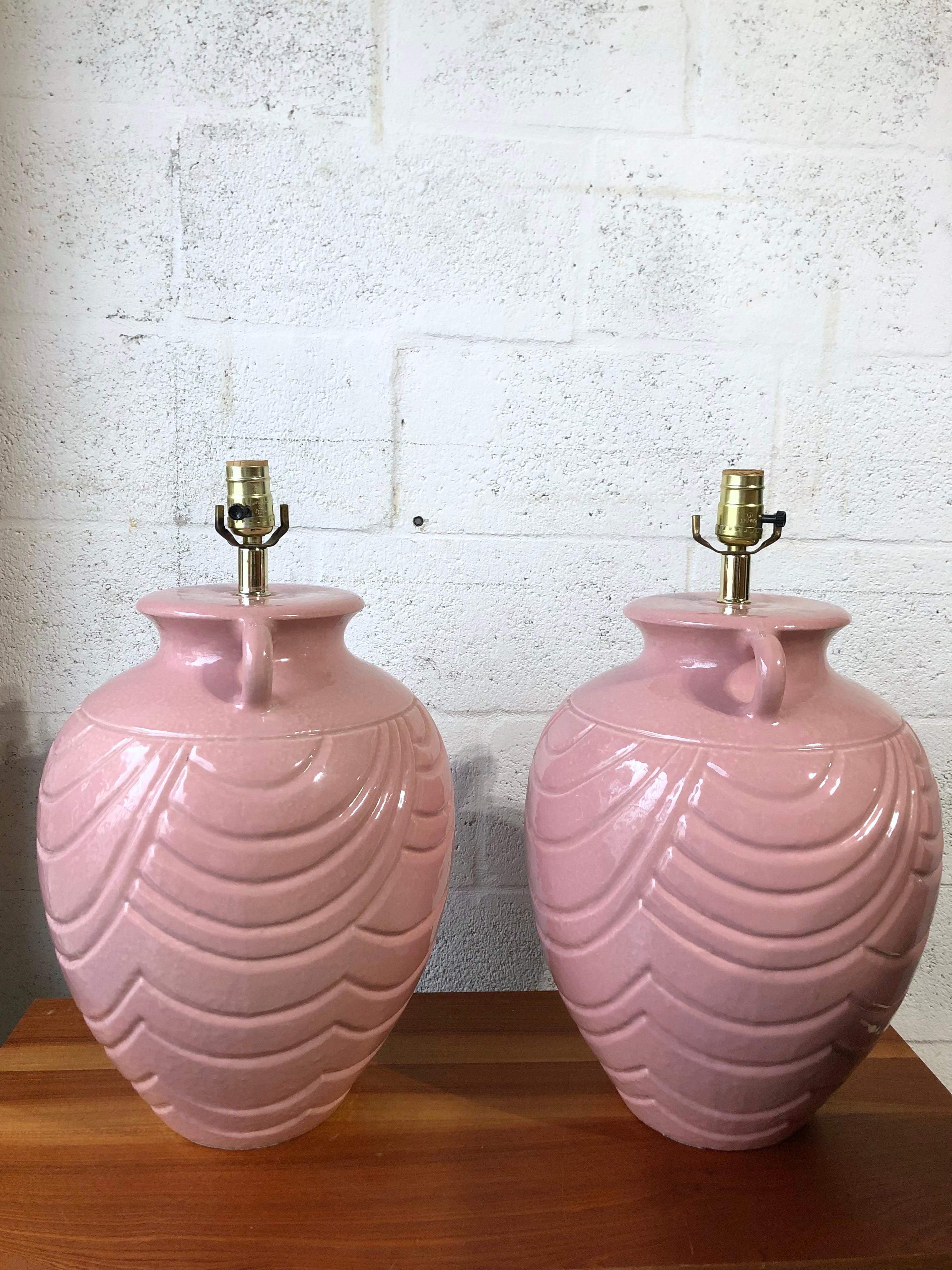 American Pair of Late 20th Century Two Handles Jar Ceramic Table Lamps For Sale