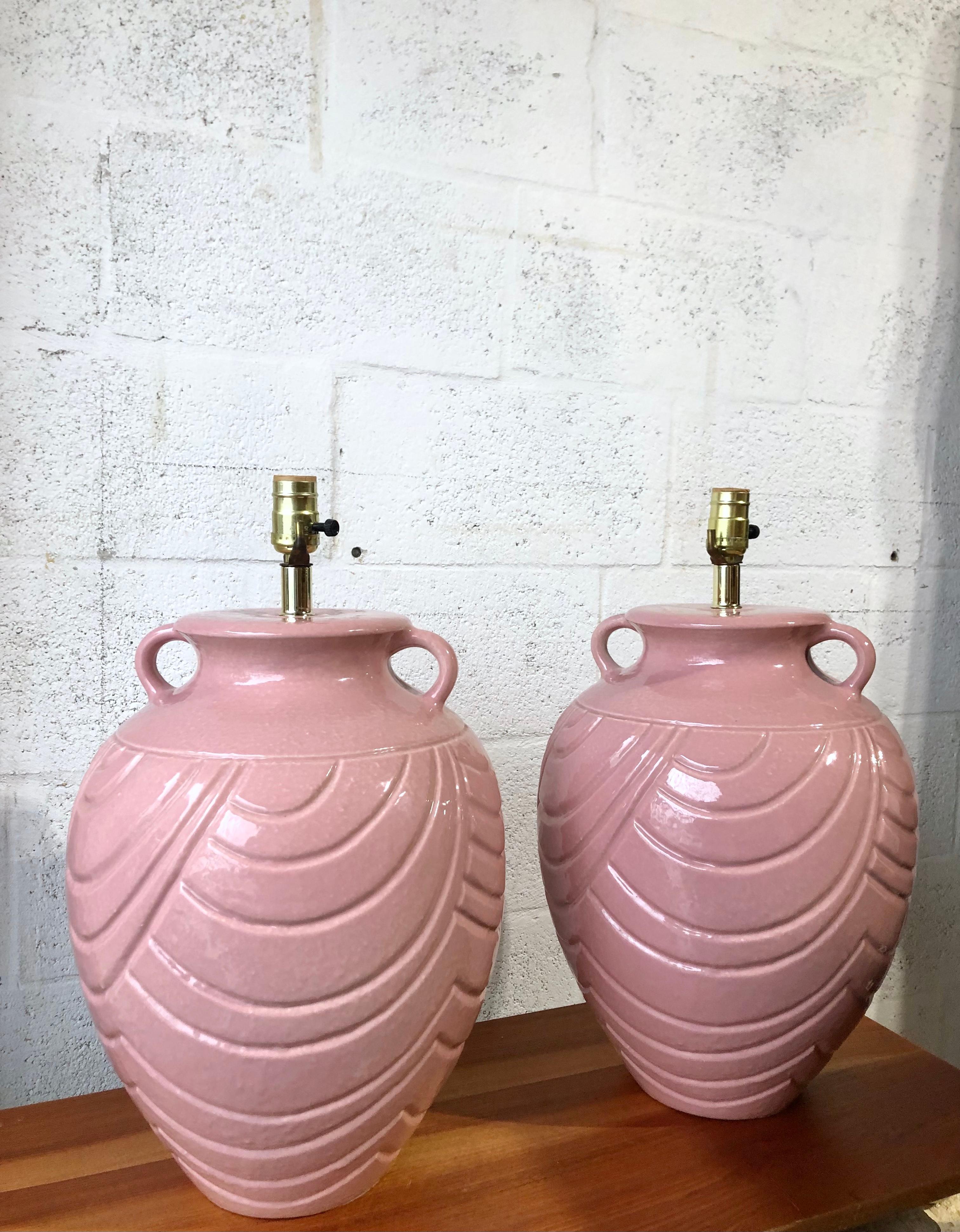 Glazed Pair of Late 20th Century Two Handles Jar Ceramic Table Lamps For Sale