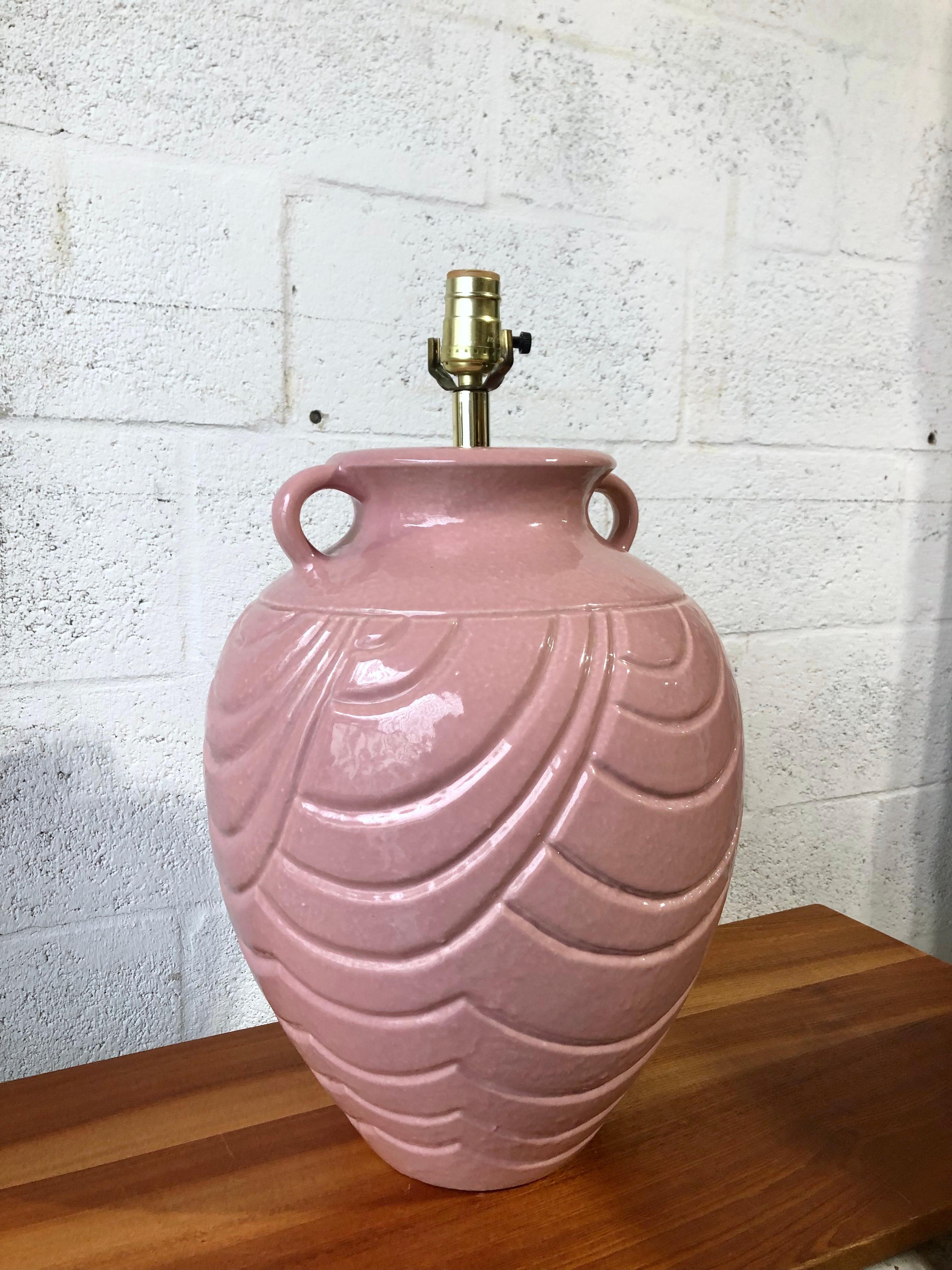 Pair of Late 20th Century Two Handles Jar Ceramic Table Lamps In Good Condition For Sale In Miami, FL