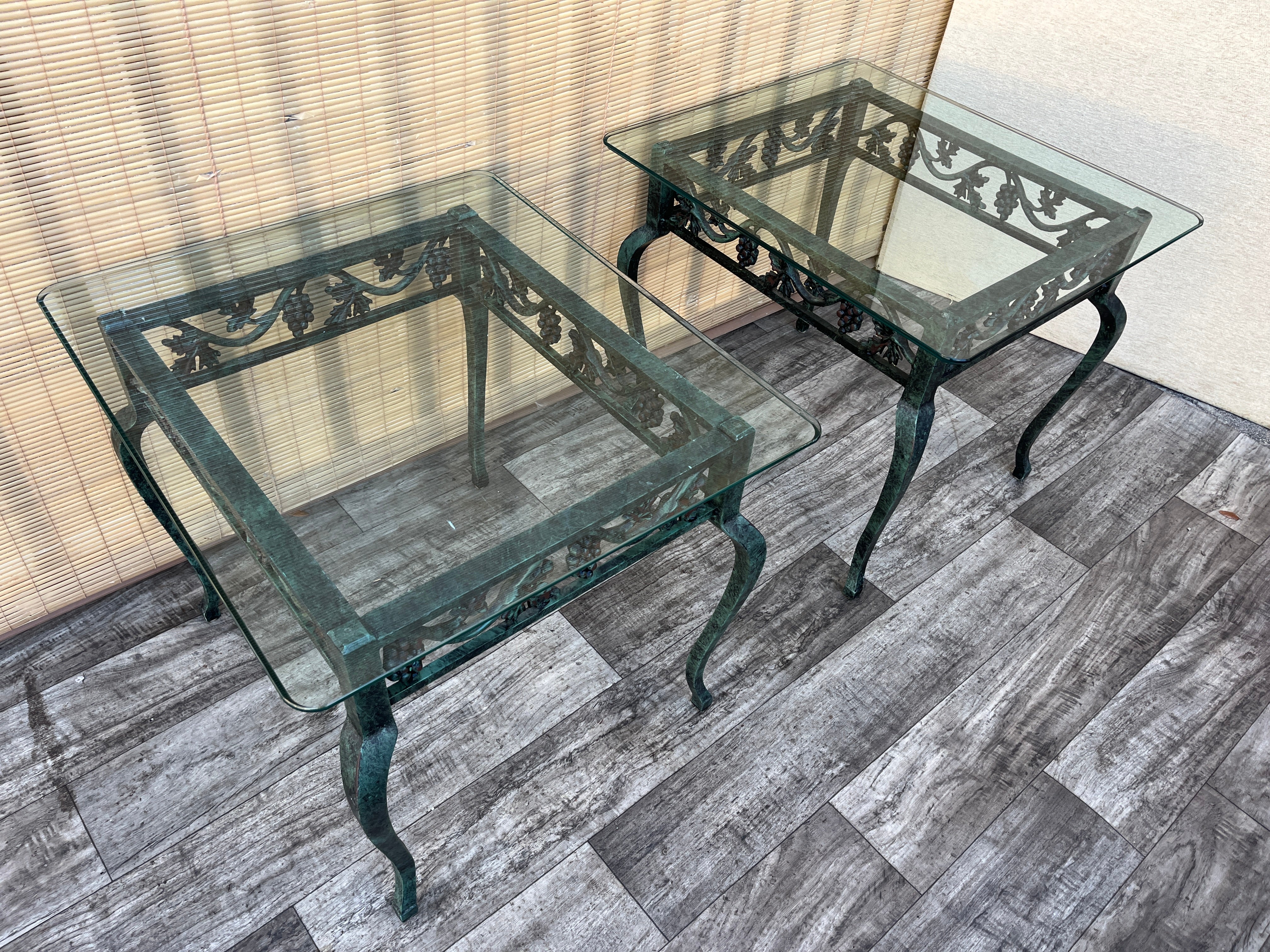 A pair of Late 20th Century Wrought Iron Glass Top Side Tables. im Angebot
