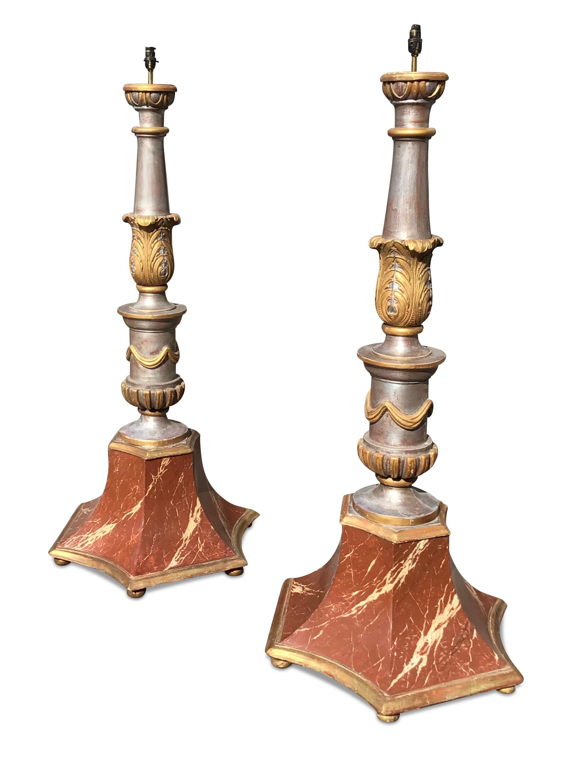 Turned A pair of late C19th silver and gilt decorated standard lamps For Sale