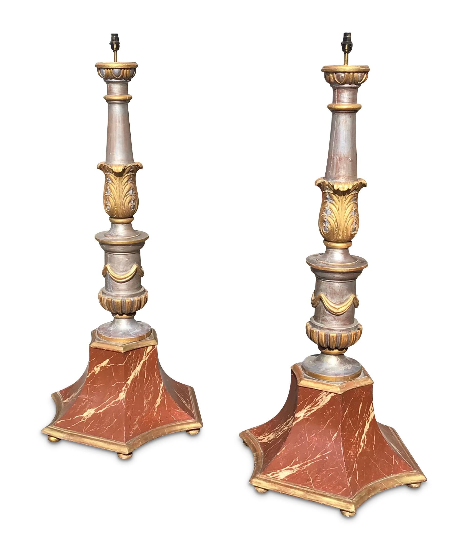 A pair of late C19th silver and gilt decorated standard lamps In Good Condition For Sale In Shipston-On-Stour, GB