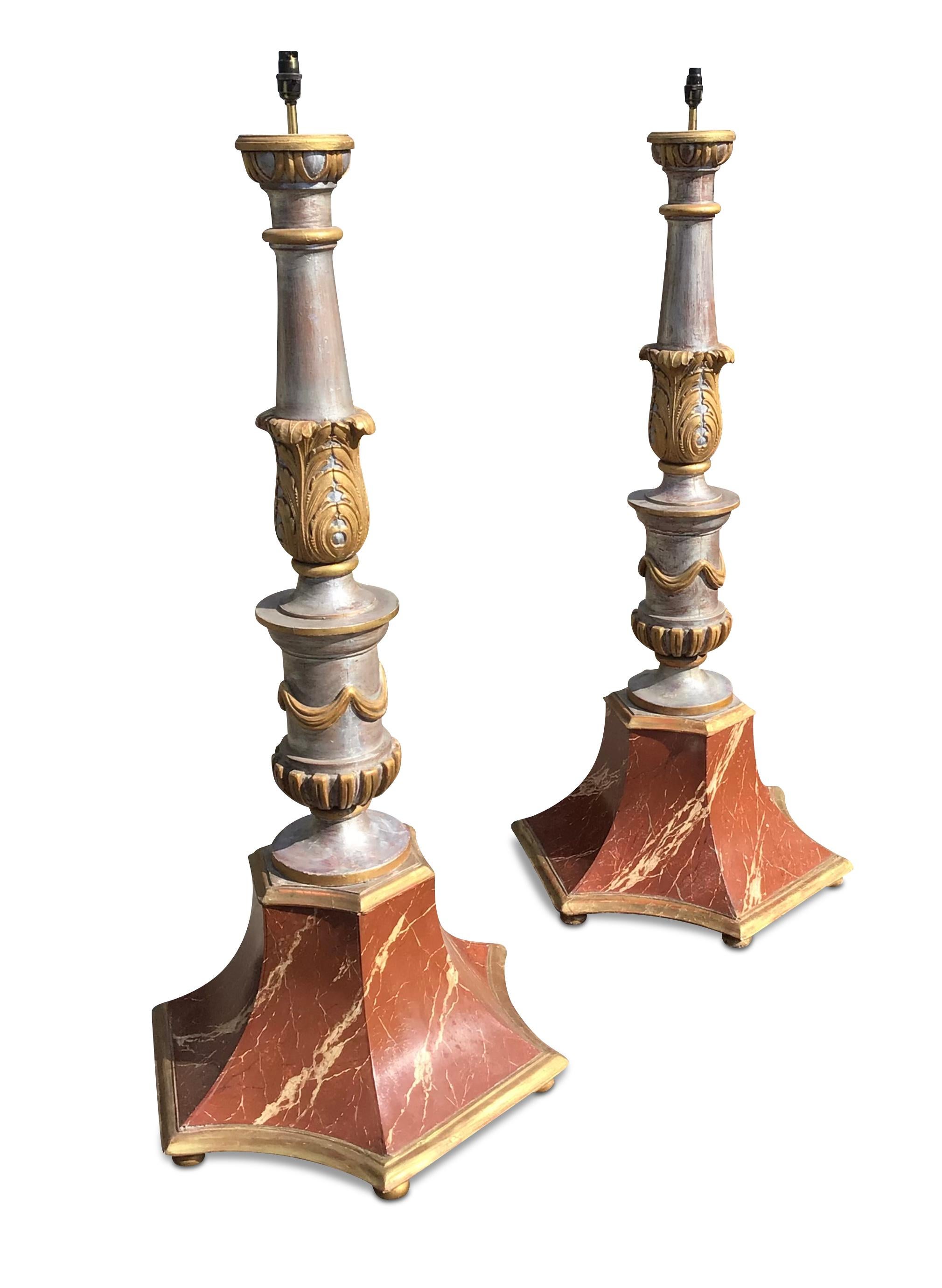 19th Century A pair of late C19th silver and gilt decorated standard lamps For Sale