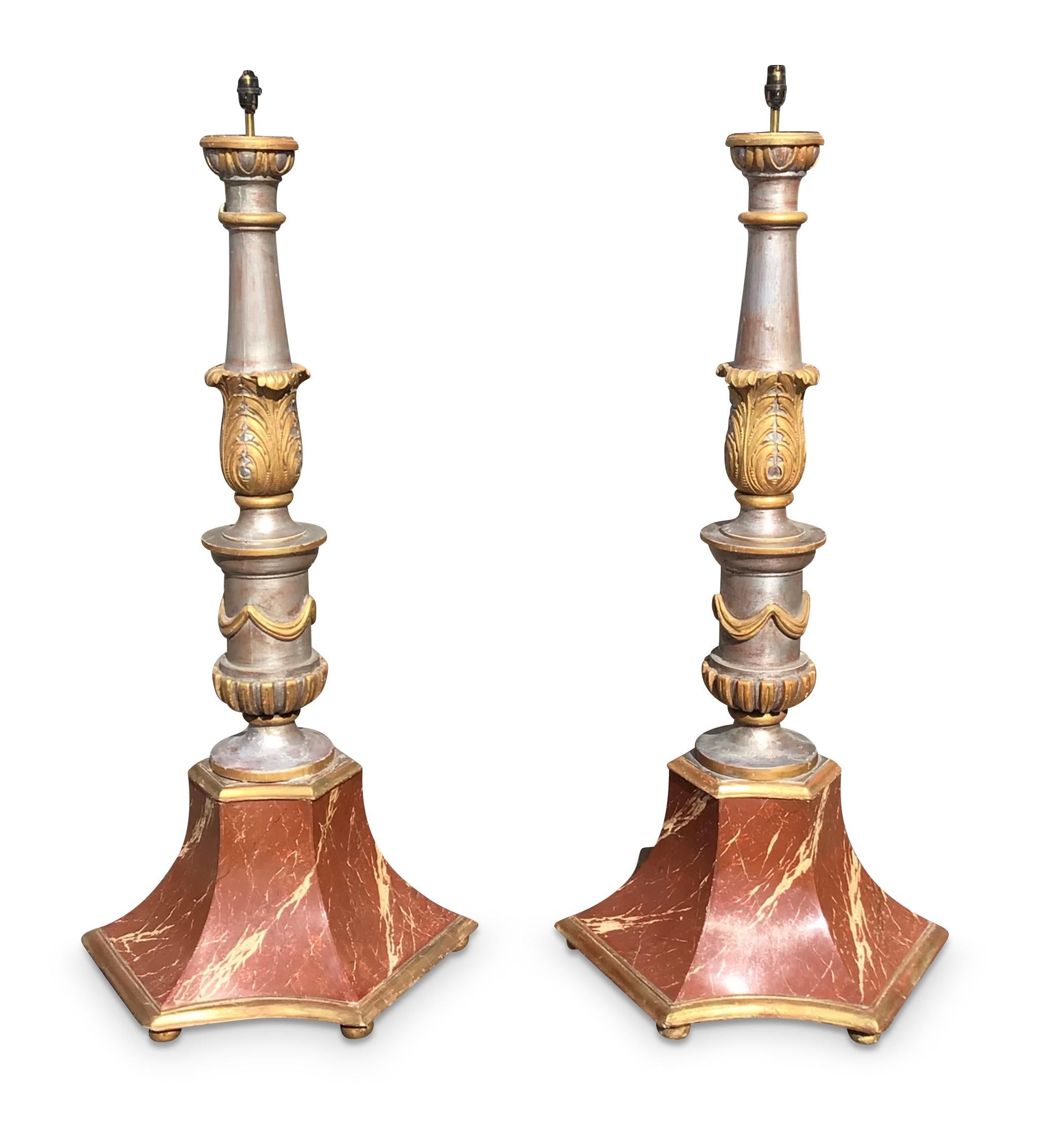 A pair of late C19th silver and gilt decorated standard lamps For Sale 2