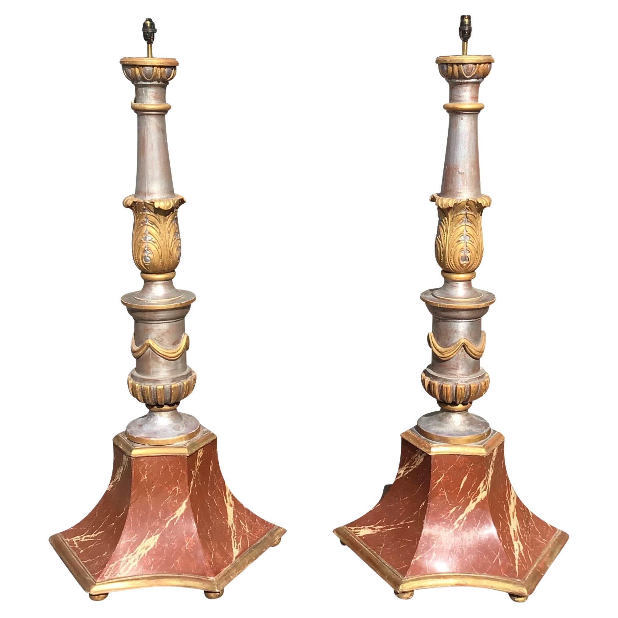 A pair of late C19th silver and gilt decorated standard lamps For Sale