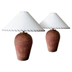 Pair of Late Deco Rope Thread Terracotta Table Lamps, c1940