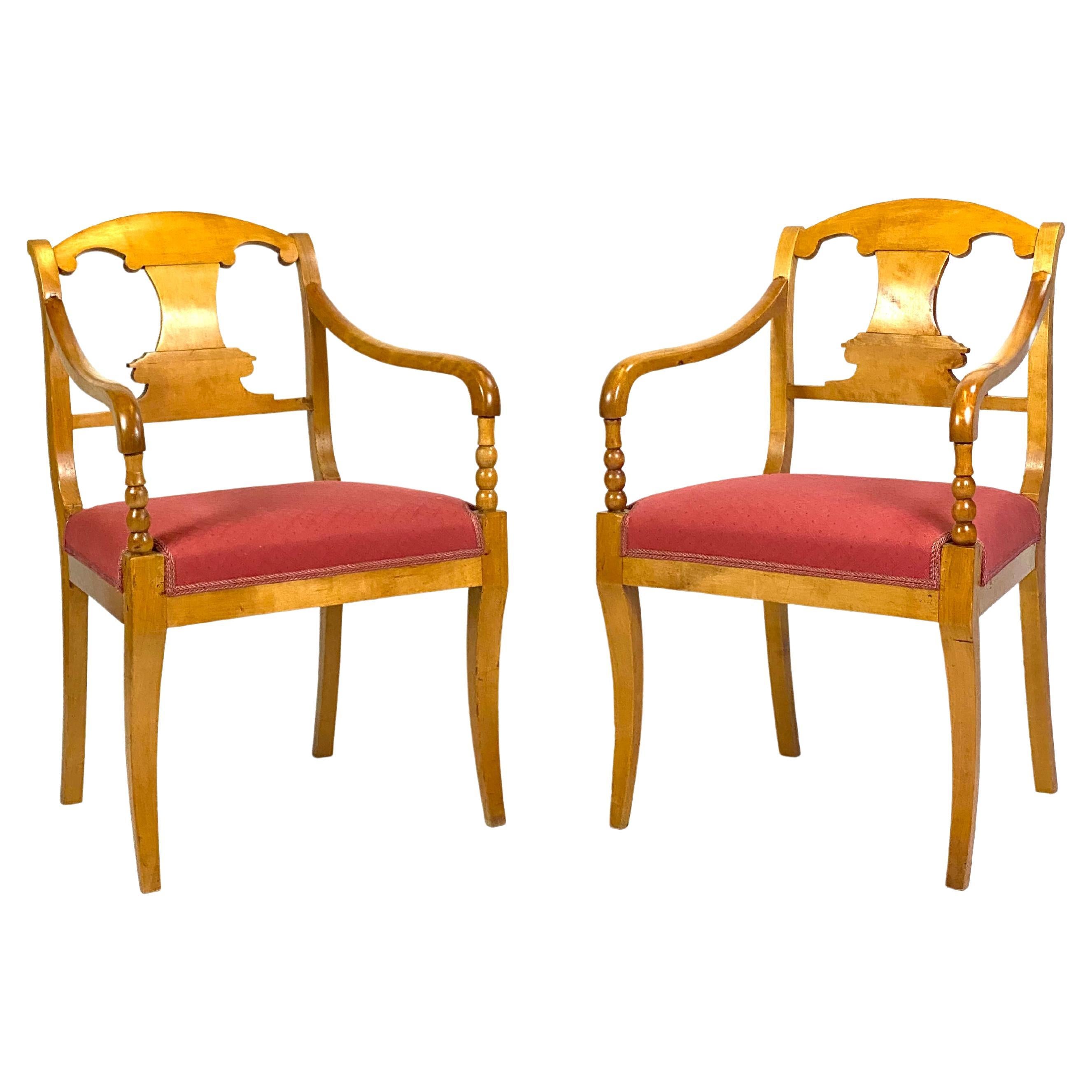 Pair of Late Empire Armchairs in Birch, 1840s