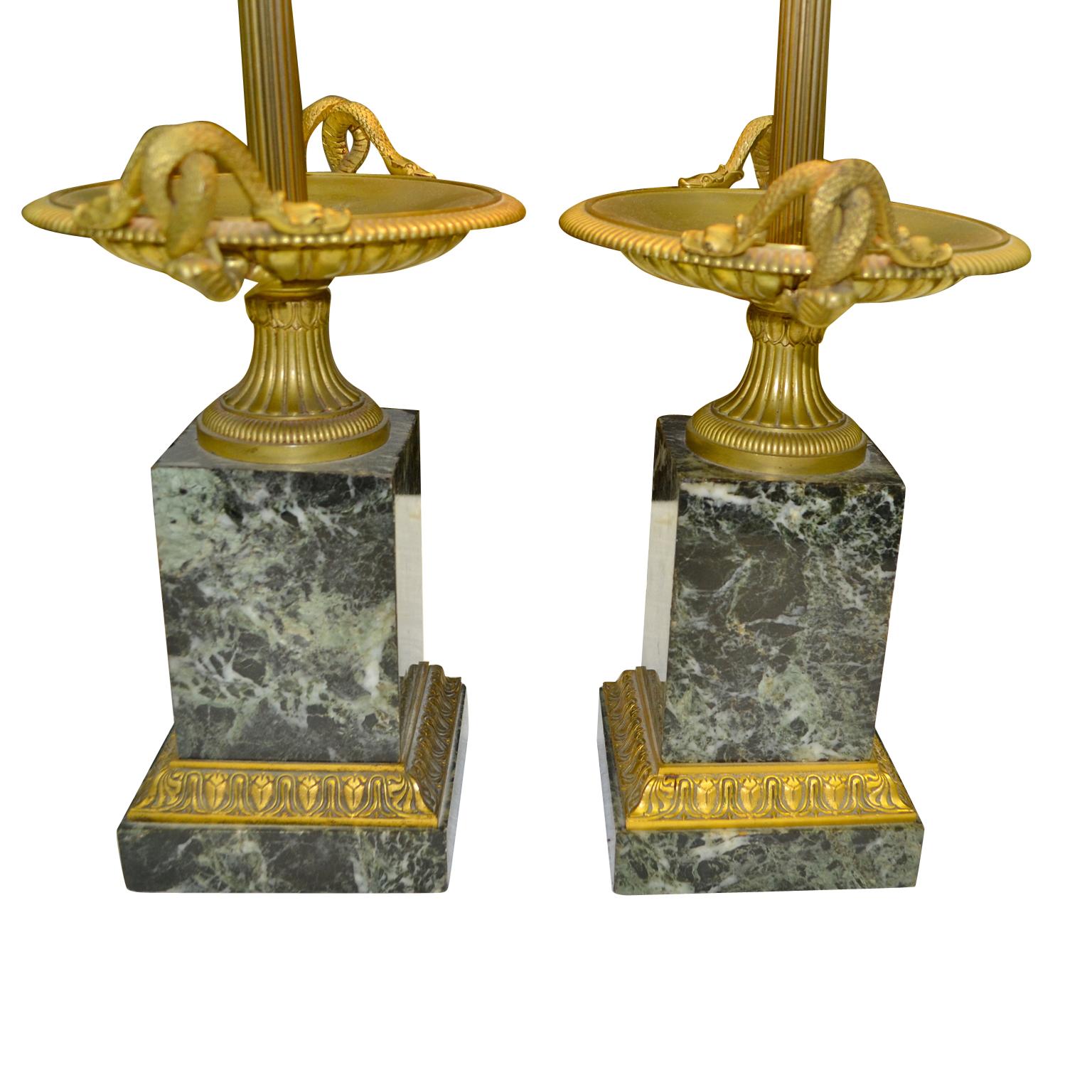 Hand-Carved Pair of Late French Empire Marble and Bronze Tazzas Converted into Lamps