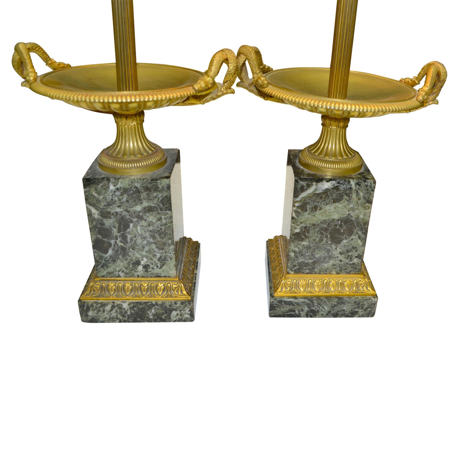 Pair of Late French Empire Marble and Bronze Tazzas Converted into Lamps In Good Condition In Vancouver, British Columbia