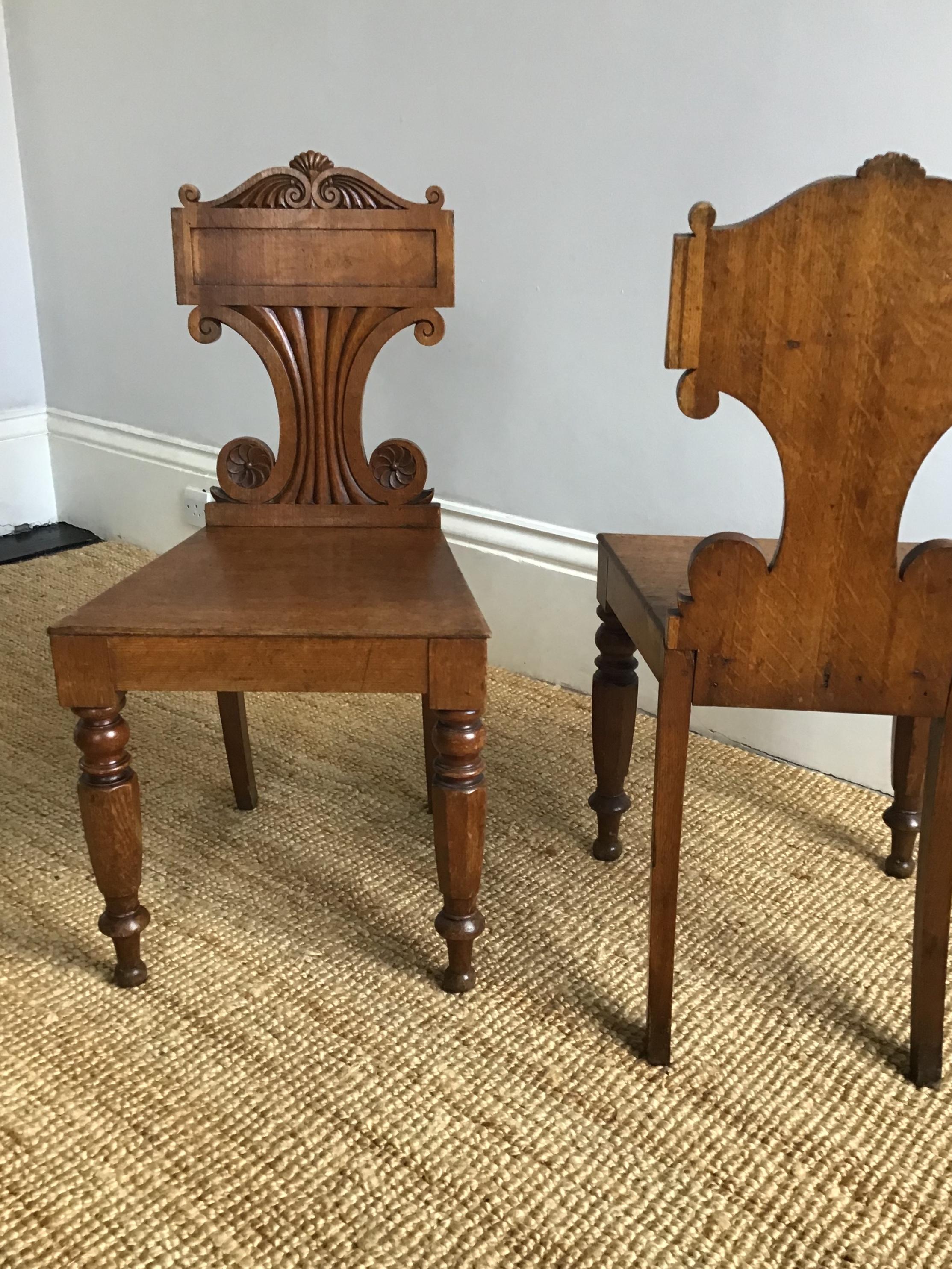 19th Century Pair of Late Regency Oak Hall Chairs For Sale