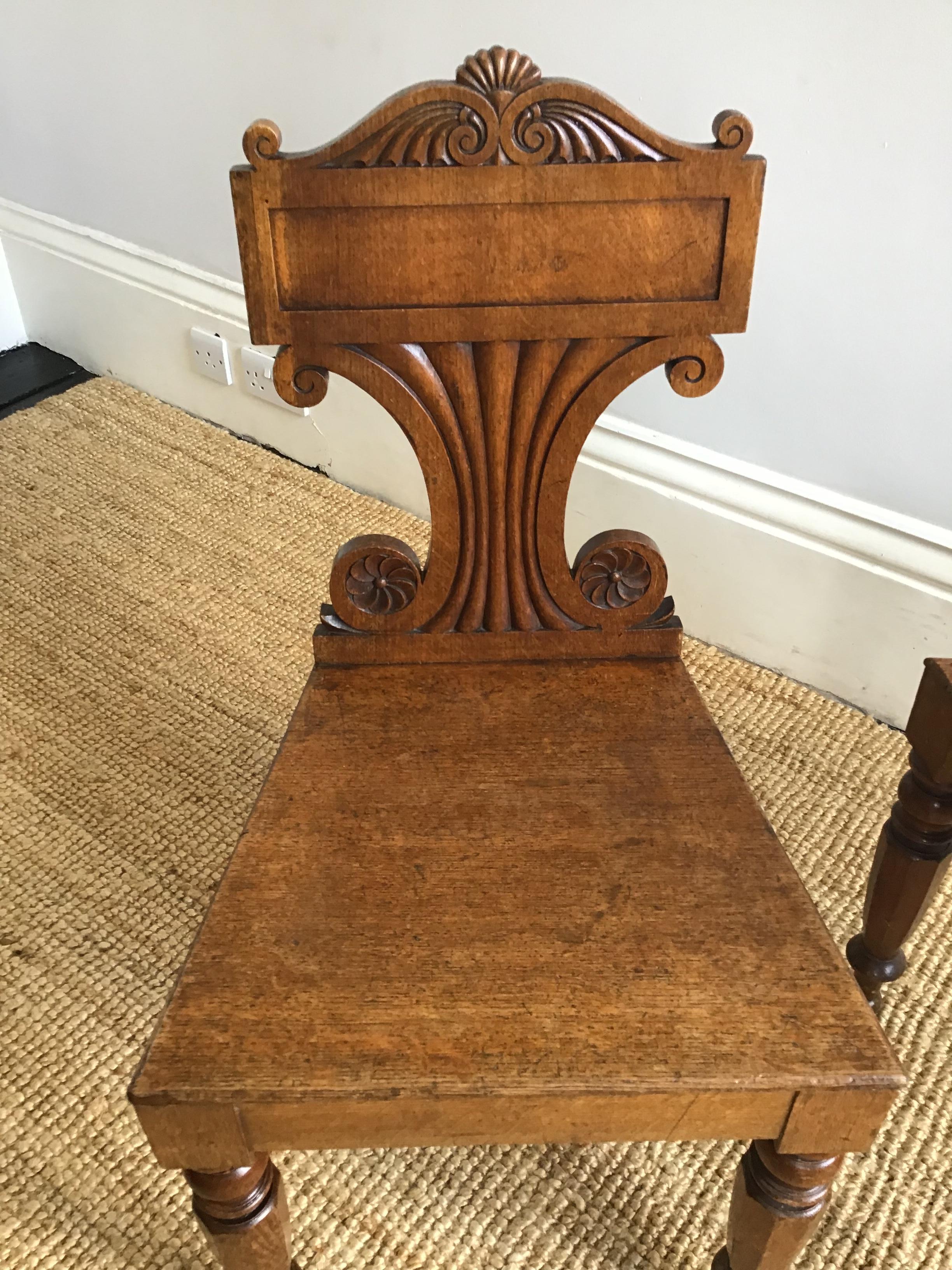 Pair of Late Regency Oak Hall Chairs For Sale 1